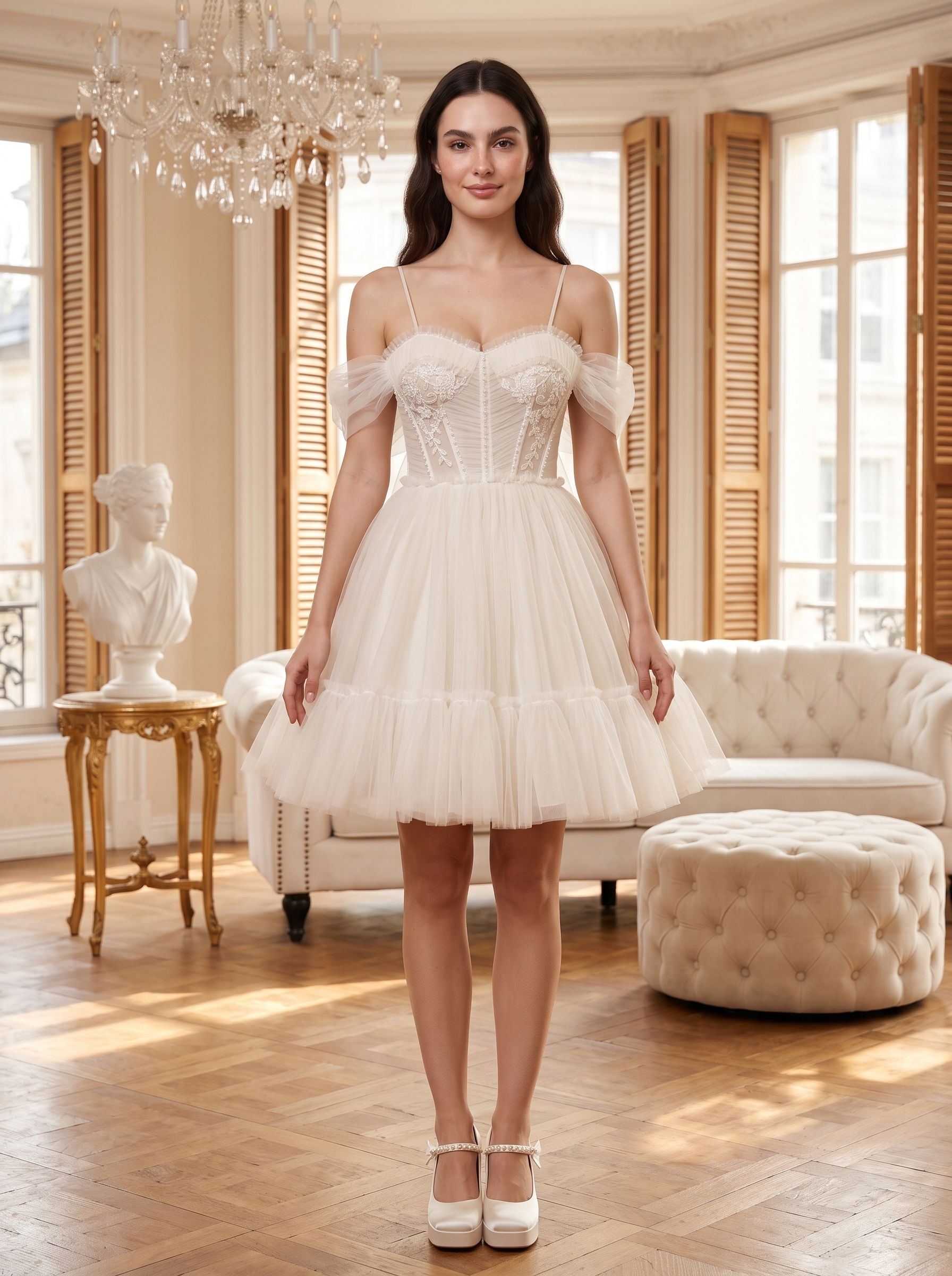 Ivory Tulle A-Line Sweetheart Bow Short Dress with Spaghetti Straps