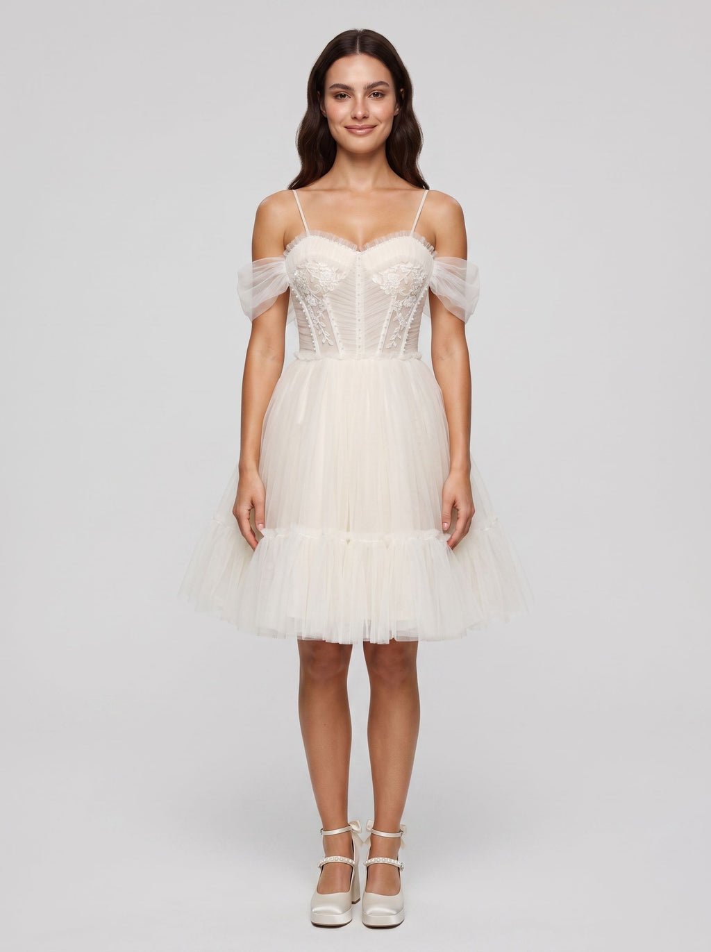 Ivory Tulle A-Line Sweetheart Bow Short Dress with Spaghetti Straps