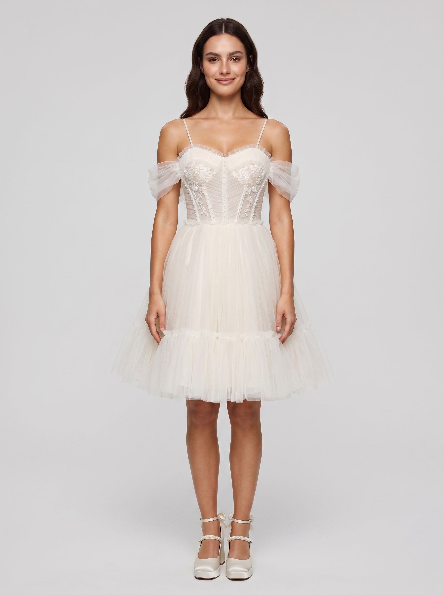 Ivory Tulle A-Line Sweetheart Bow Short Dress with Spaghetti Straps