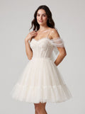 Ivory Tulle A-Line Sweetheart Bow Short Dress with Spaghetti Straps