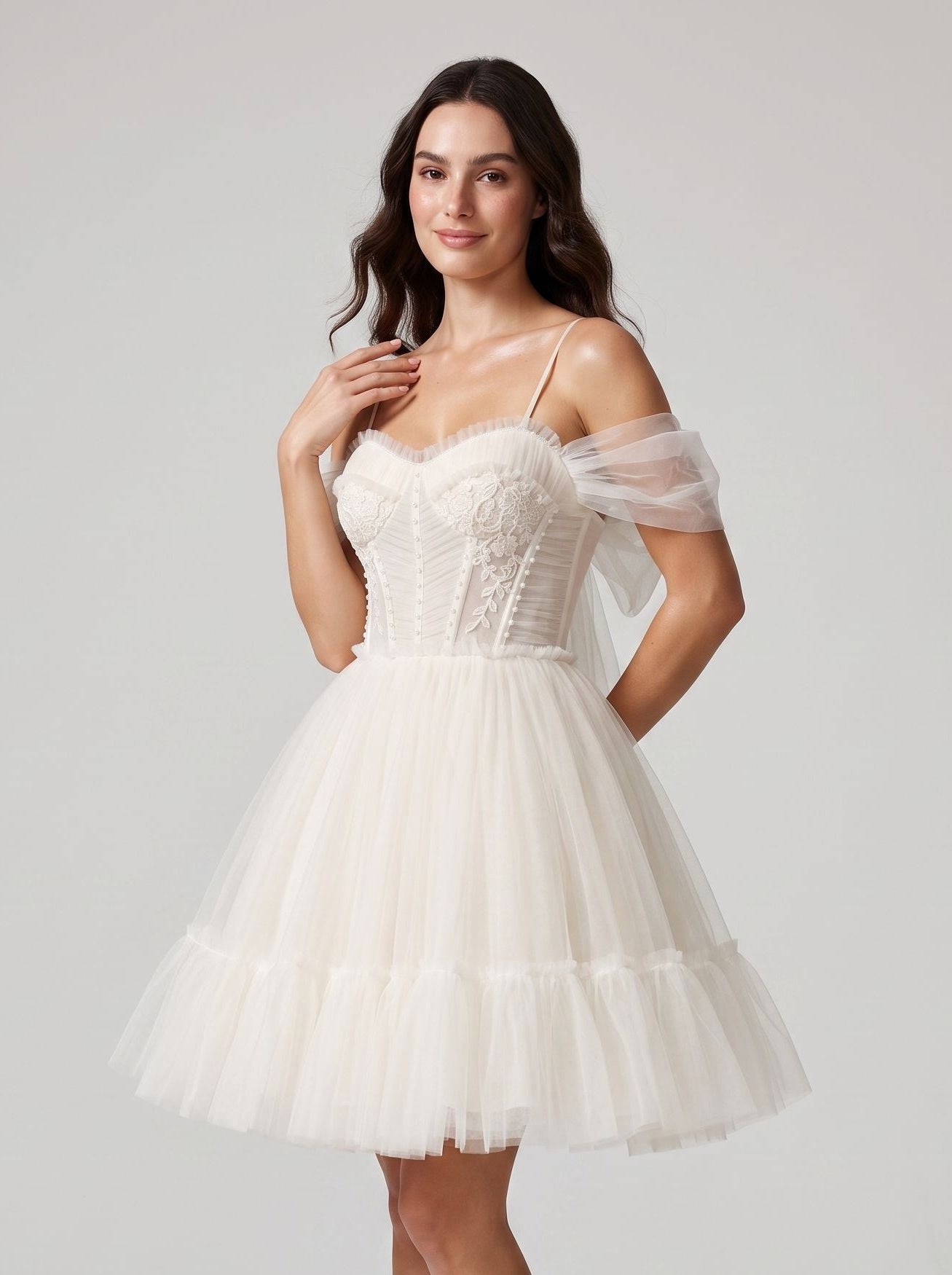 Ivory Tulle A-Line Sweetheart Bow Short Dress with Spaghetti Straps