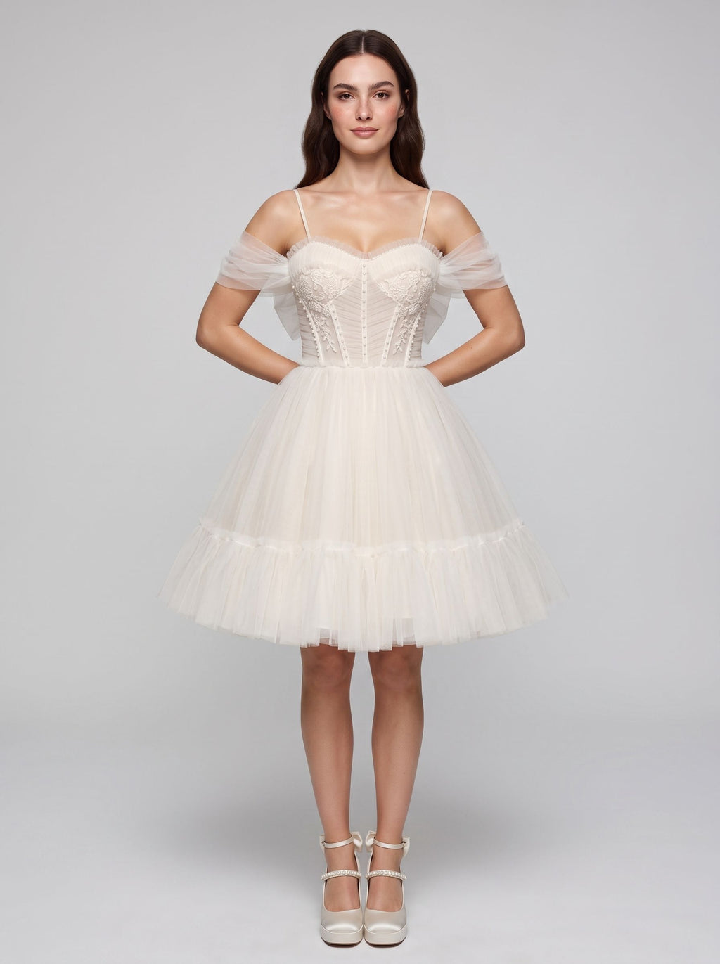 Ivory Tulle A-Line Sweetheart Bow Short Dress with Spaghetti Straps