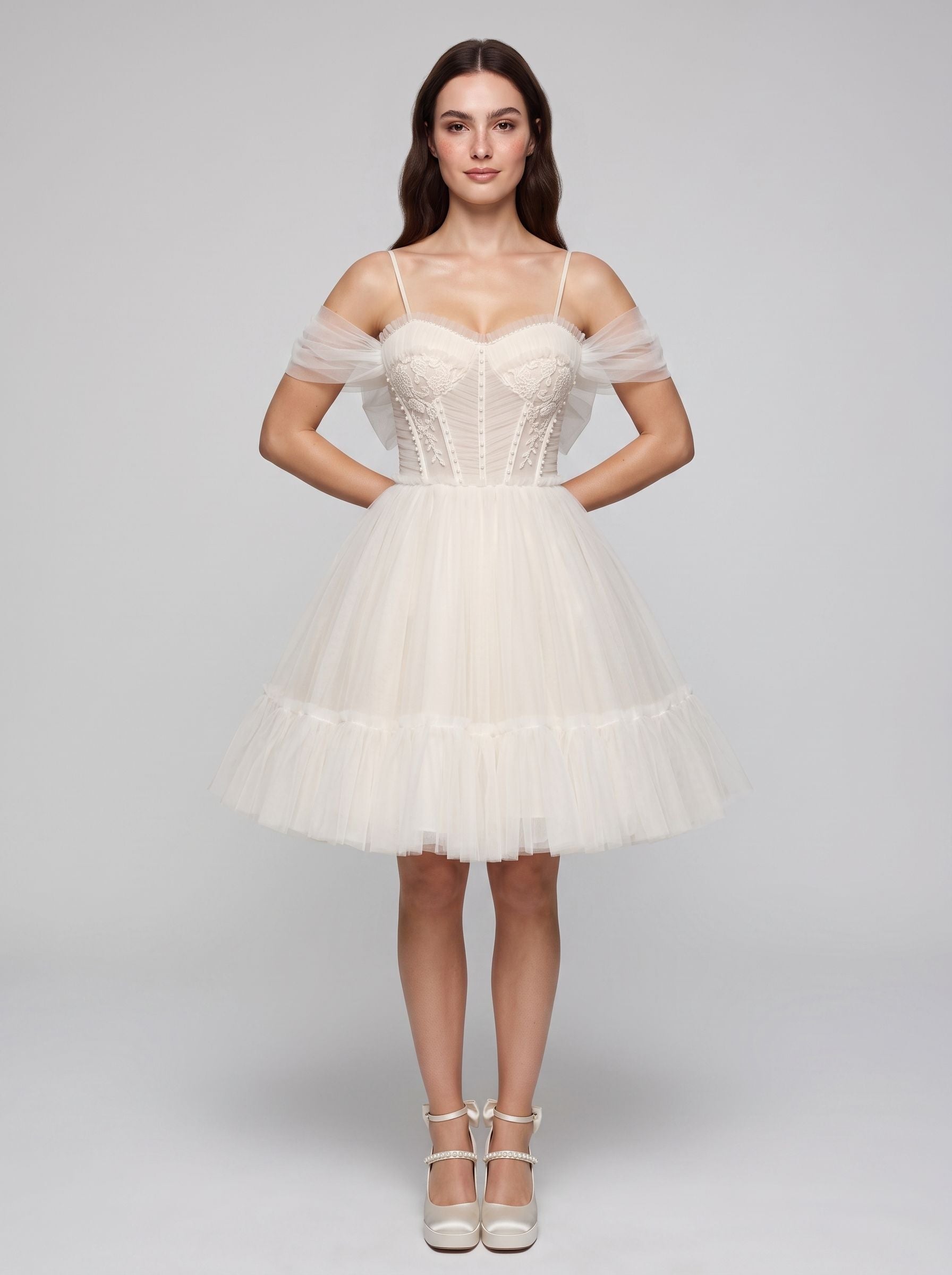Ivory Tulle A-Line Sweetheart Bow Short Dress with Spaghetti Straps