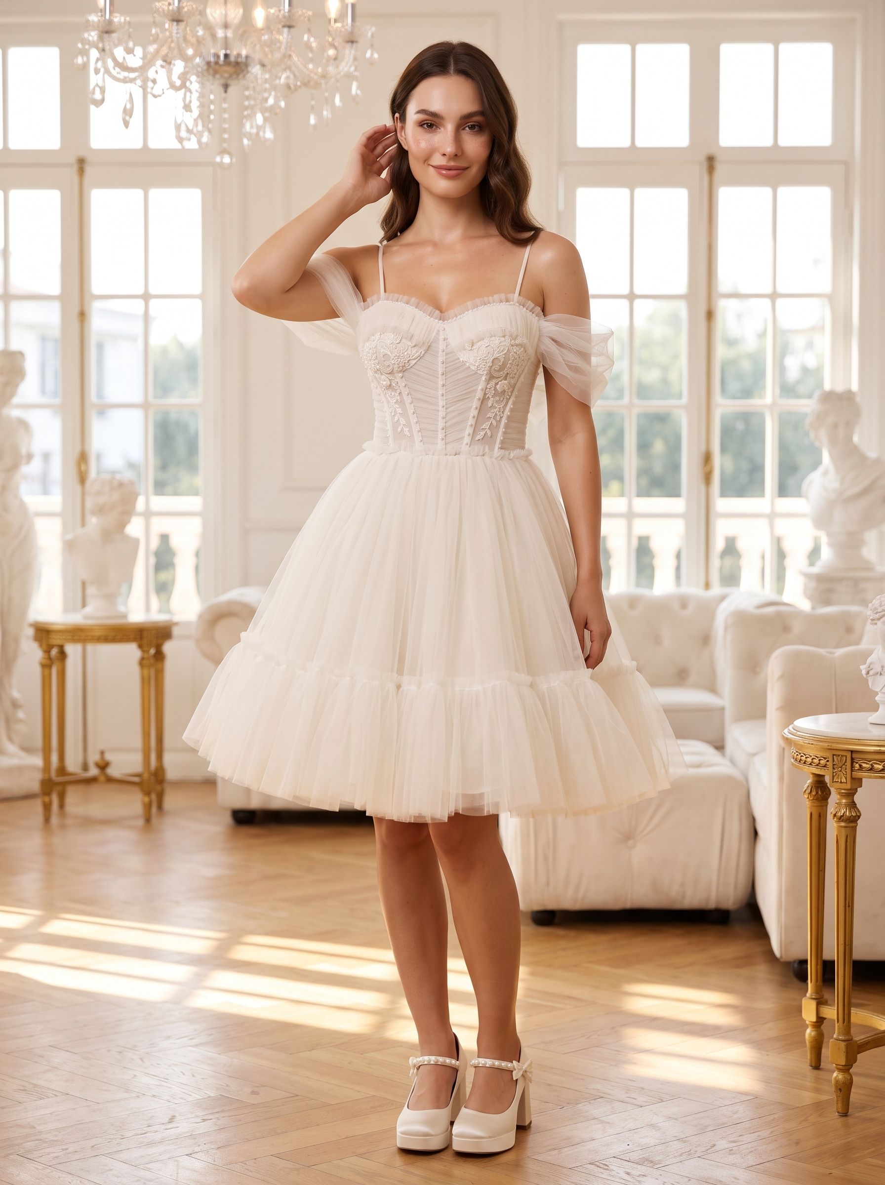 Ivory Tulle A-Line Sweetheart Bow Short Dress with Spaghetti Straps