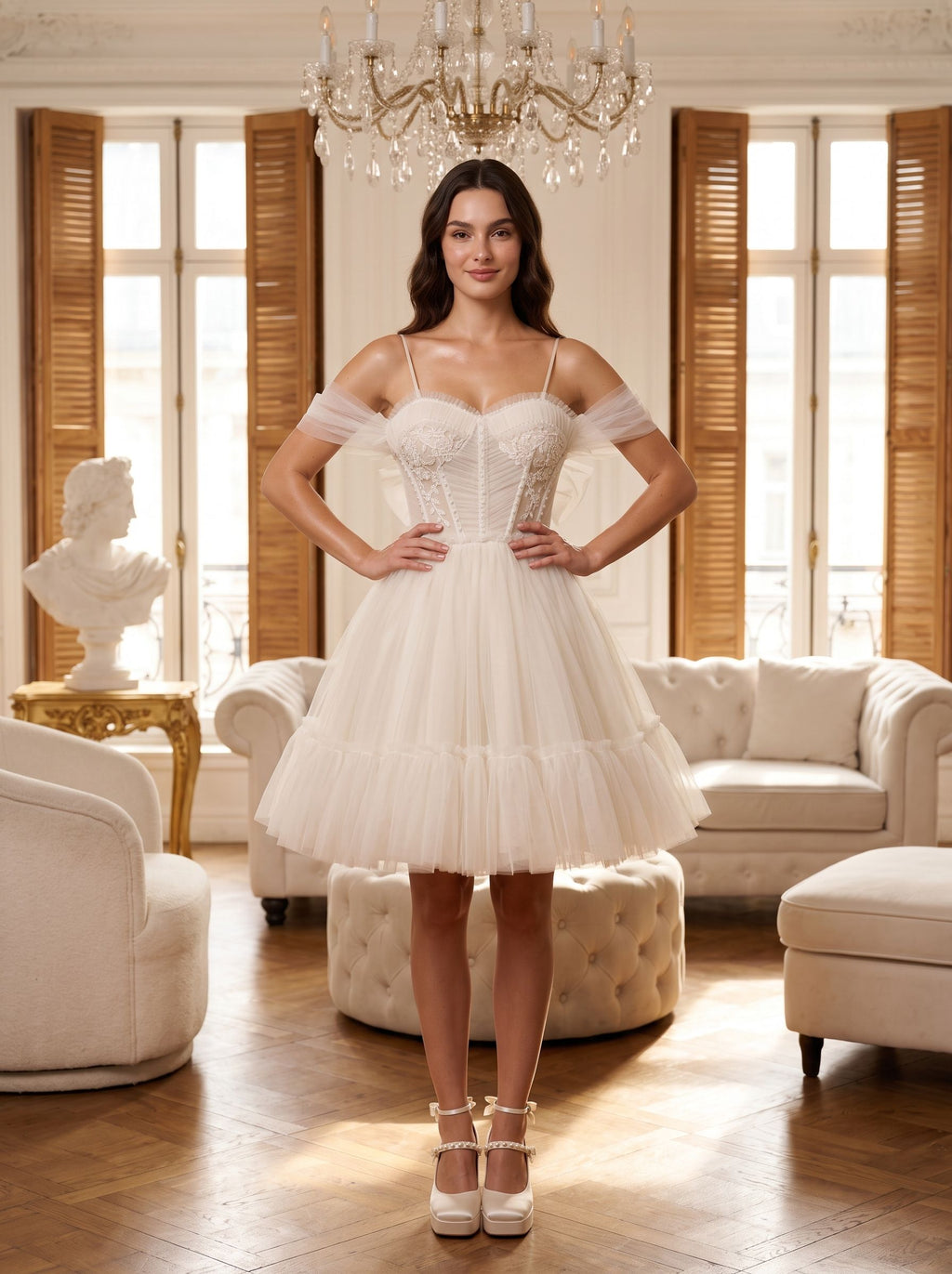 Ivory Tulle A-Line Sweetheart Bow Short Dress with Spaghetti Straps