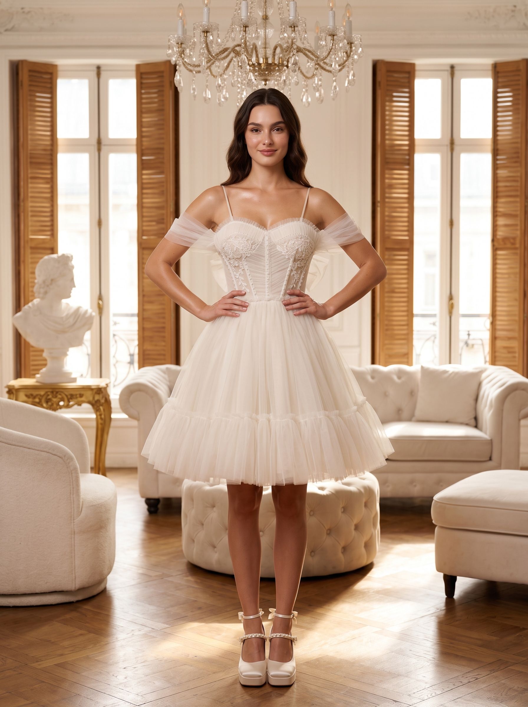 Ivory Tulle A-Line Sweetheart Bow Short Dress with Spaghetti Straps