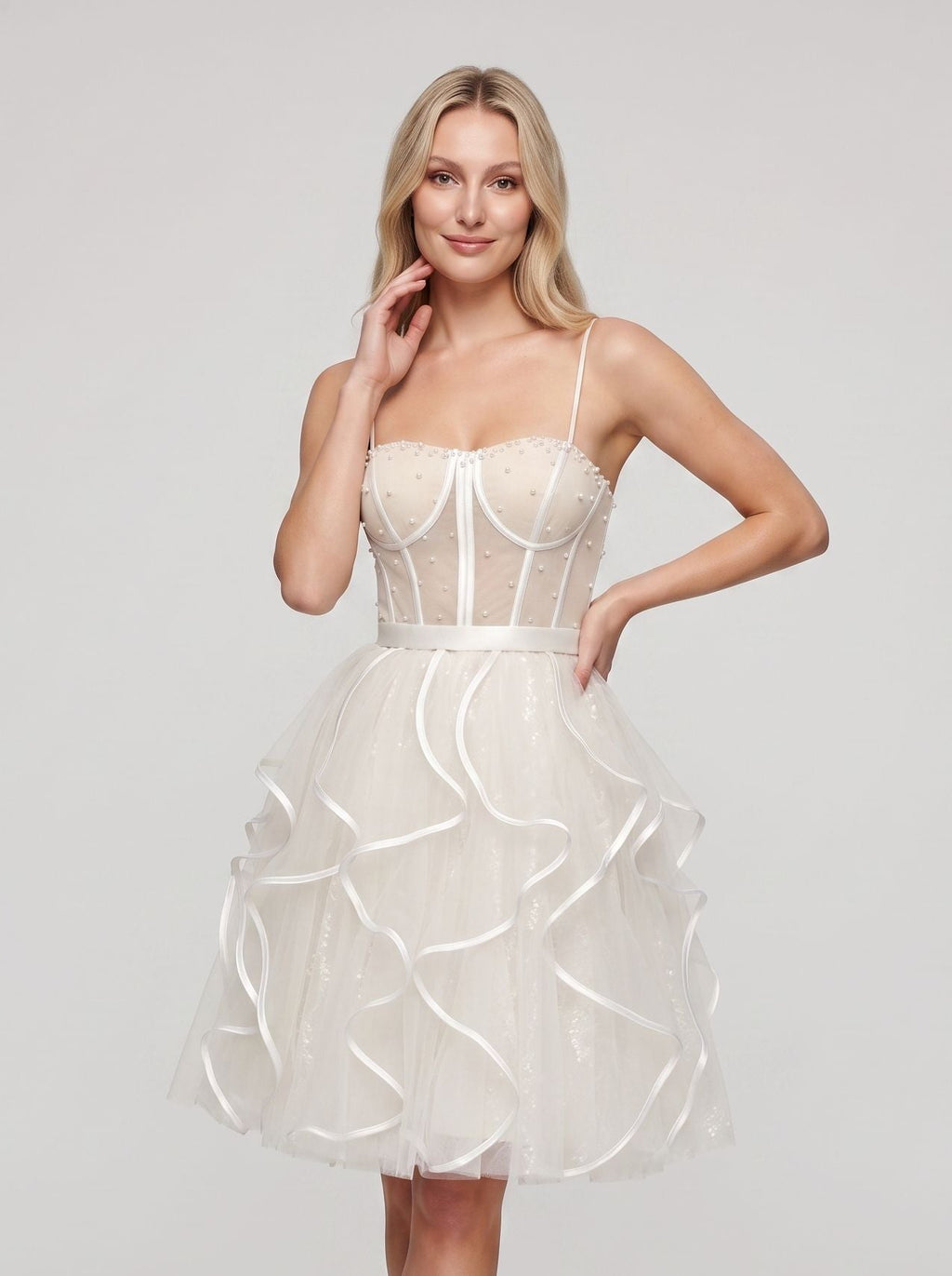 Ivory Tulle A-Line Sweetheart Lace-up Short Dress with Pearl Accents