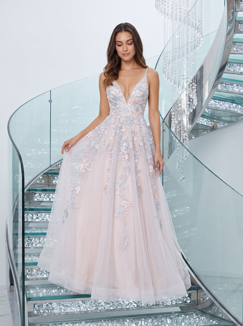 Blushing Pink Tulle A-Line V-Neck Backless Floor-Length Dress with Lace Appliques and Pleated Bodice