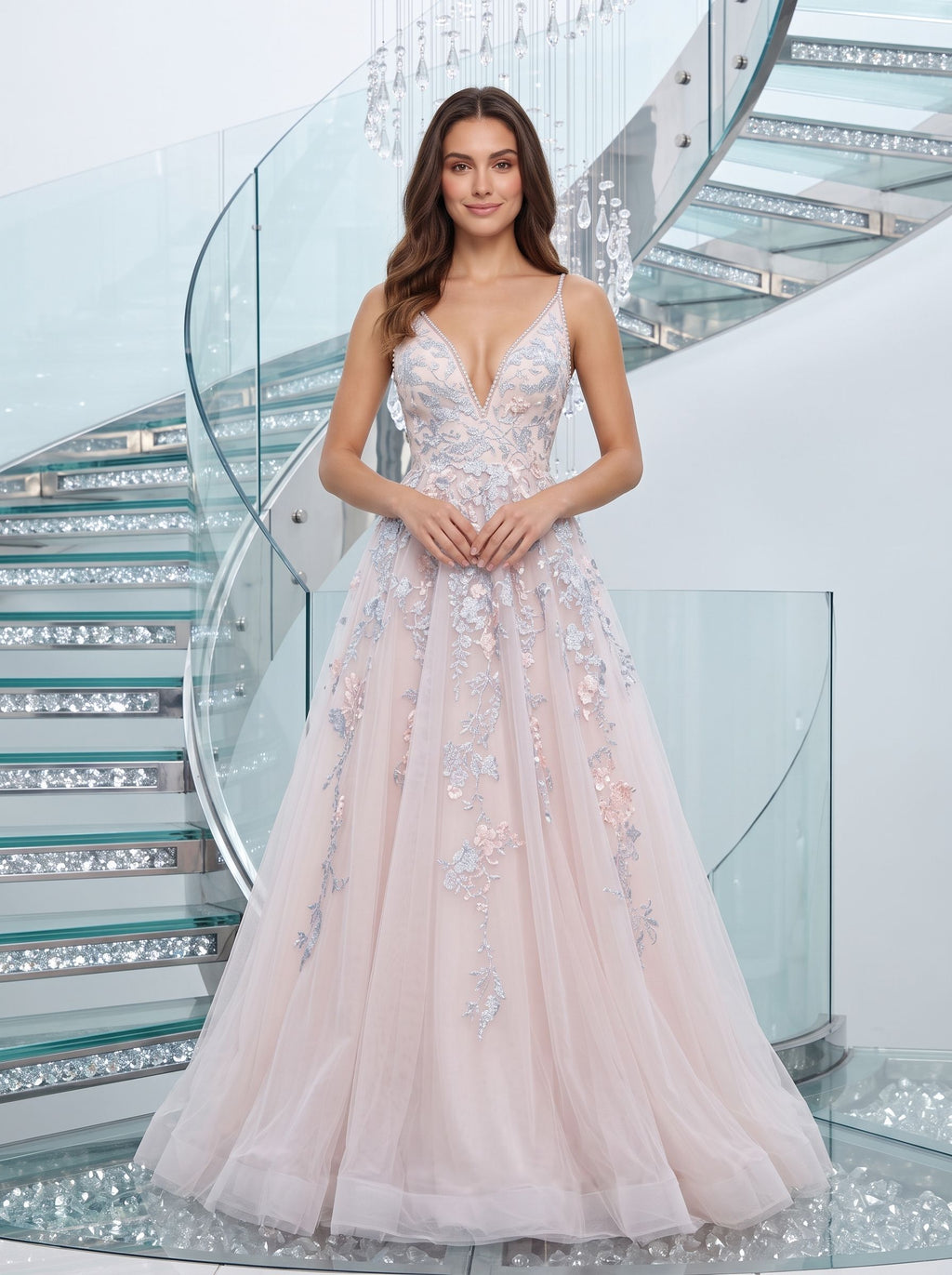 Blushing Pink Tulle A-Line V-Neck Backless Floor-Length Dress with Lace Appliques and Pleated Bodice