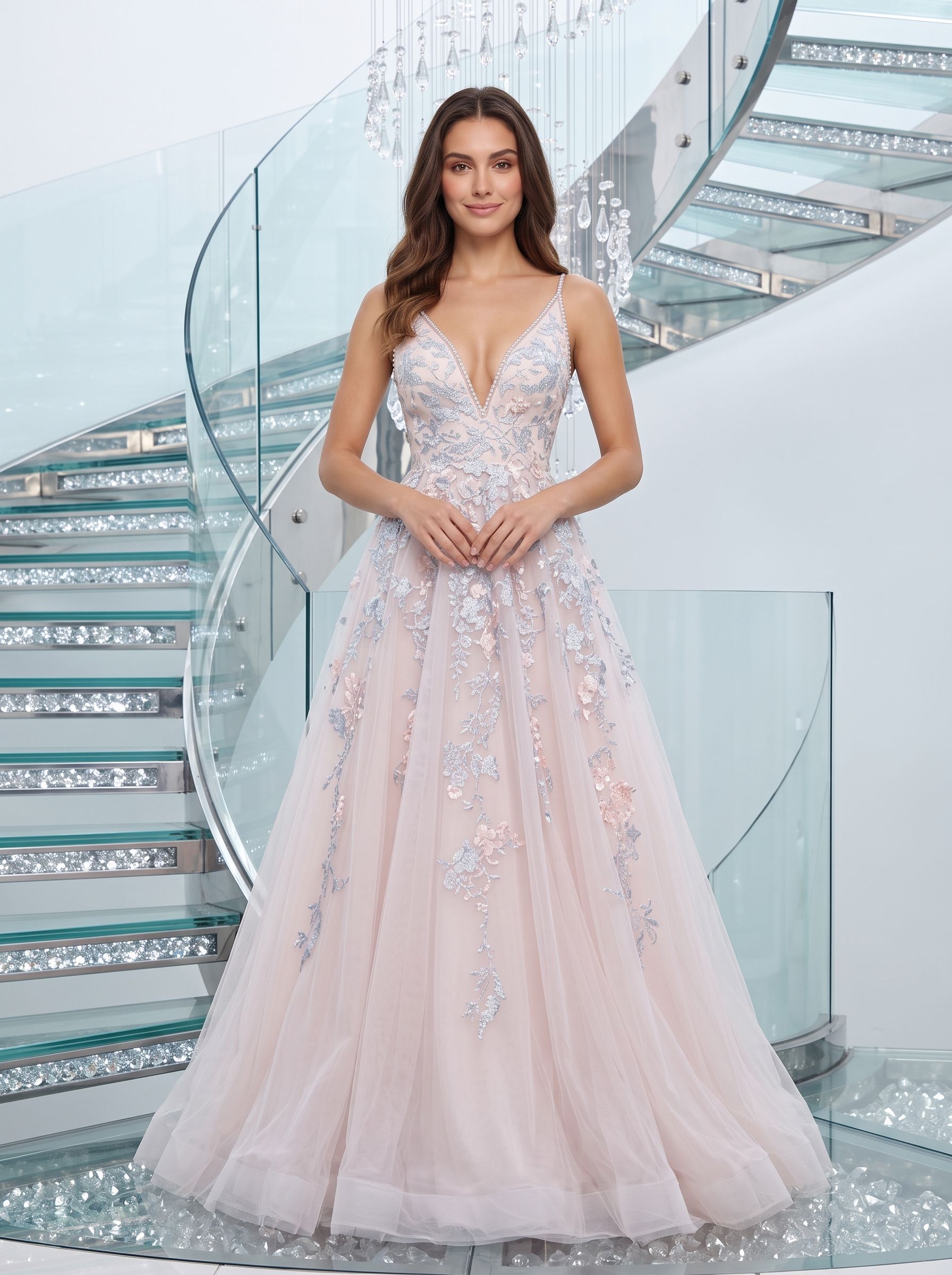 Blushing Pink Tulle A-Line V-Neck Backless Floor-Length Dress with Lace Appliques and Pleated Bodice