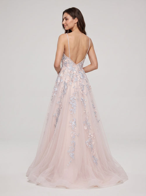 Blushing Pink Tulle A-Line V-Neck Backless Floor-Length Dress with Lace Appliques and Pleated Bodice