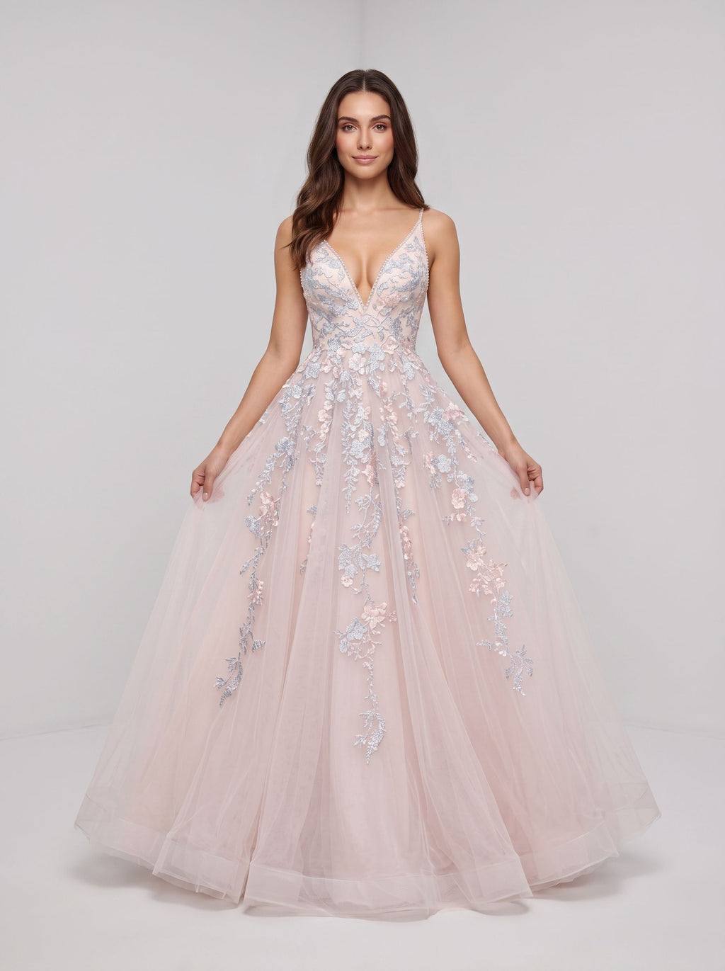 Blushing Pink Tulle A-Line V-Neck Backless Floor-Length Dress with Lace Appliques and Pleated Bodice