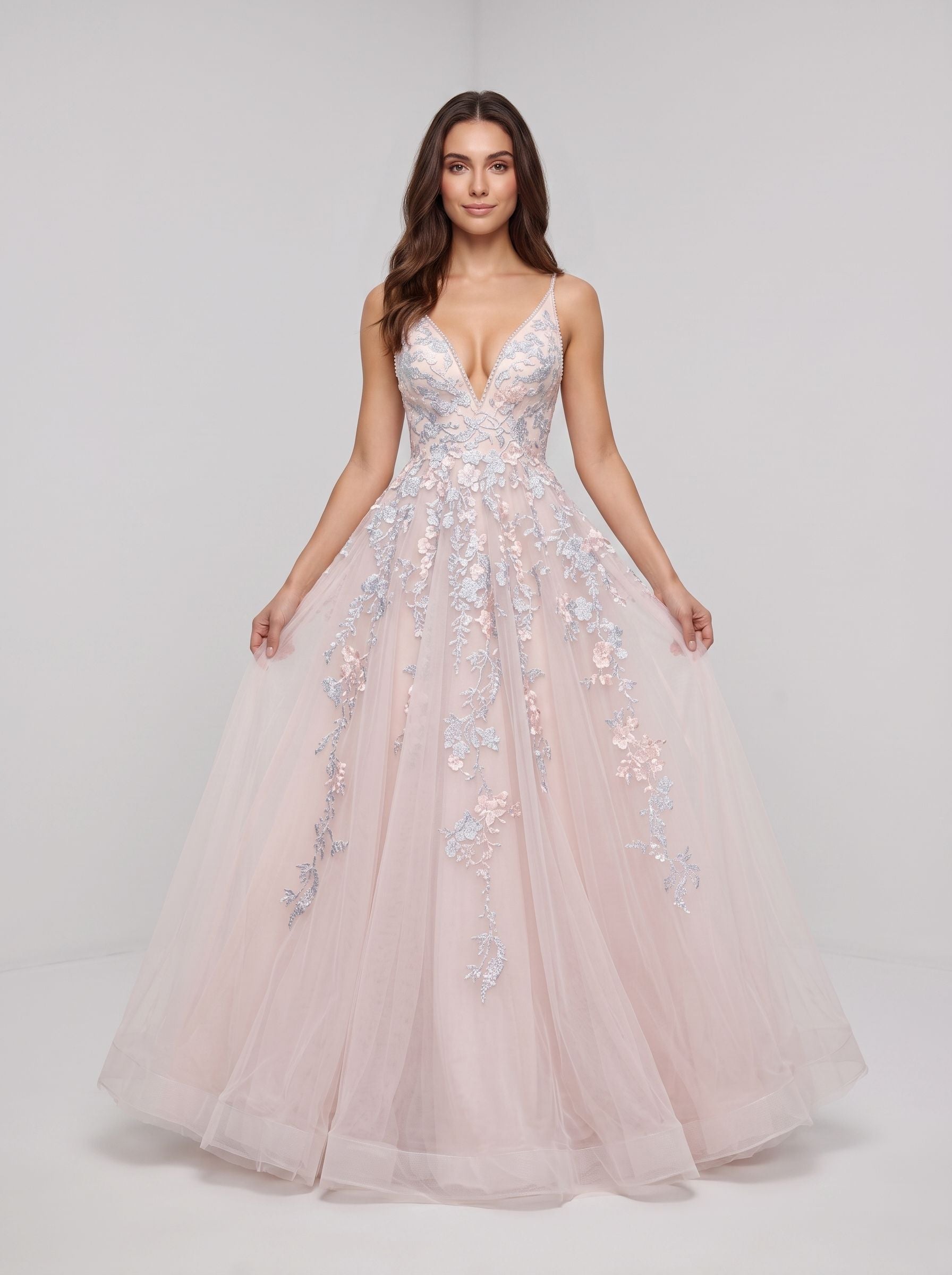 Blushing Pink Tulle A-Line V-Neck Backless Floor-Length Dress with Lace Appliques and Pleated Bodice