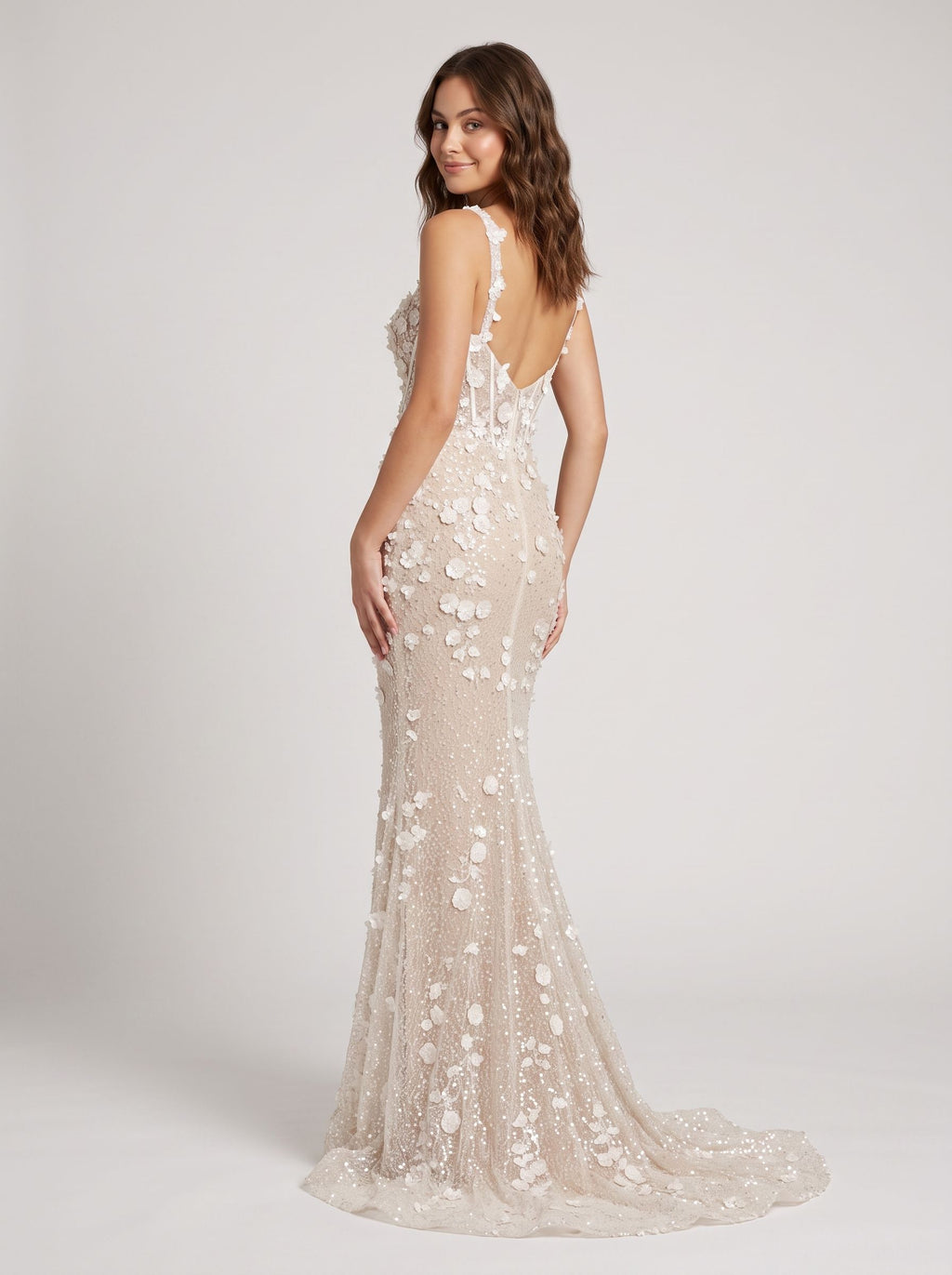 Ivory Tulle & Lace Mermaid Square Neck Back Zip Floor-Length Dress with 3D Floral Appliques