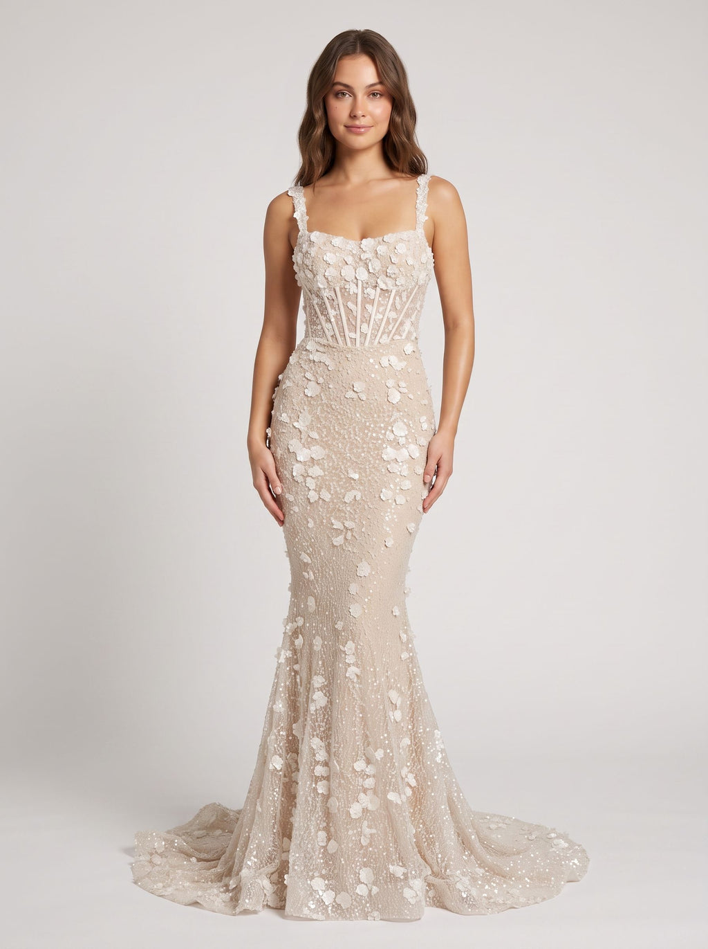 Ivory Tulle & Lace Mermaid Square Neck Back Zip Floor-Length Dress with 3D Floral Appliques