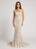 Ivory Tulle & Lace Mermaid Square Neck Back Zip Floor-Length Dress with 3D Floral Appliques