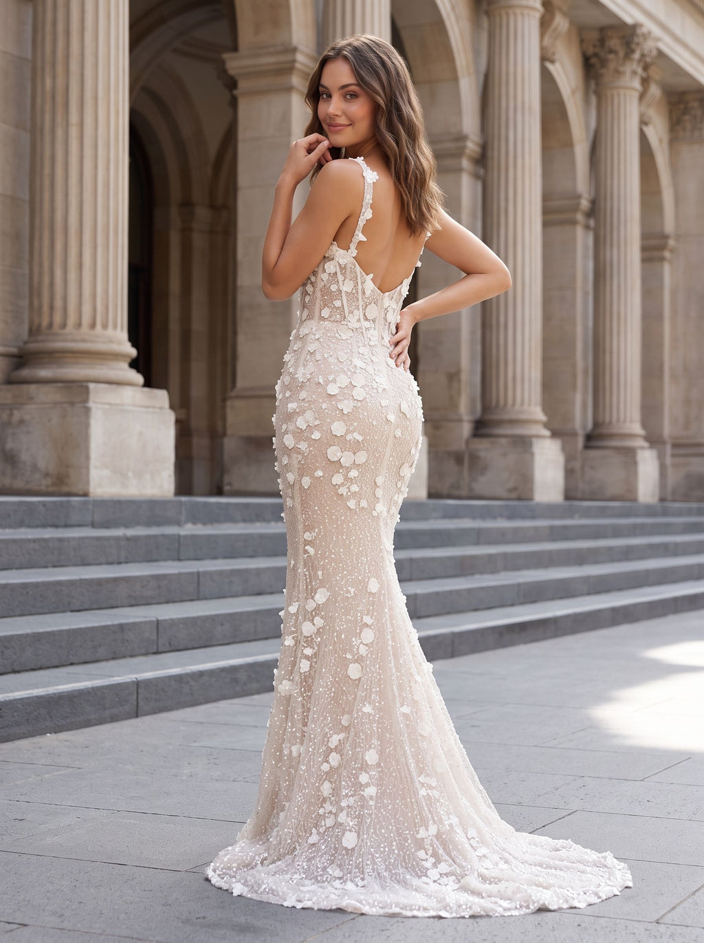 Ivory Tulle & Lace Mermaid Square Neck Back Zip Floor-Length Dress with 3D Floral Appliques