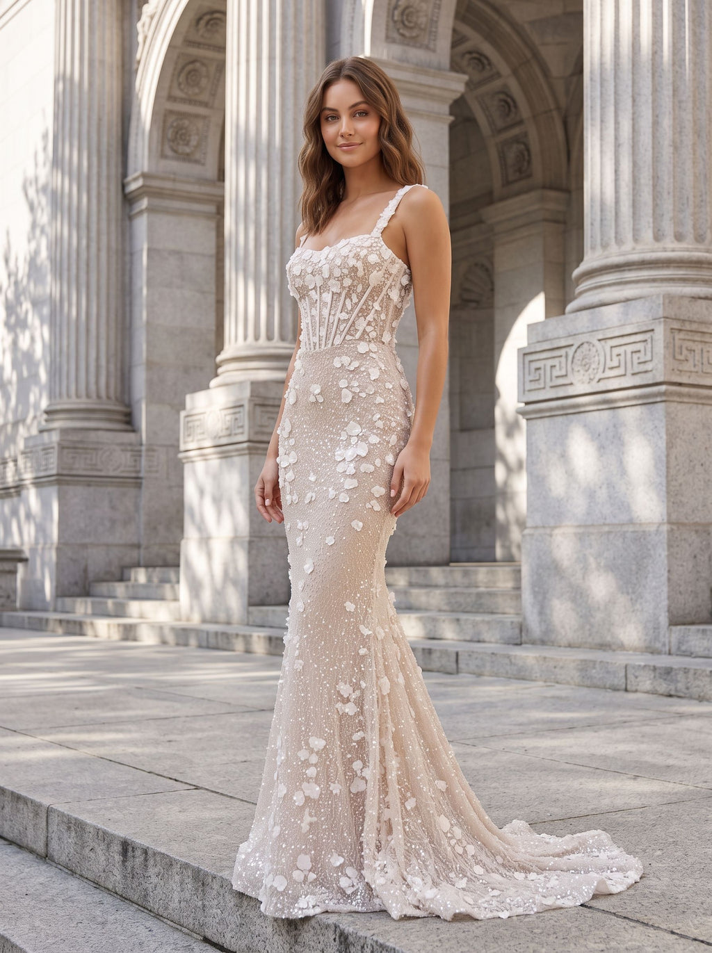 Ivory Tulle & Lace Mermaid Square Neck Back Zip Floor-Length Dress with 3D Floral Appliques