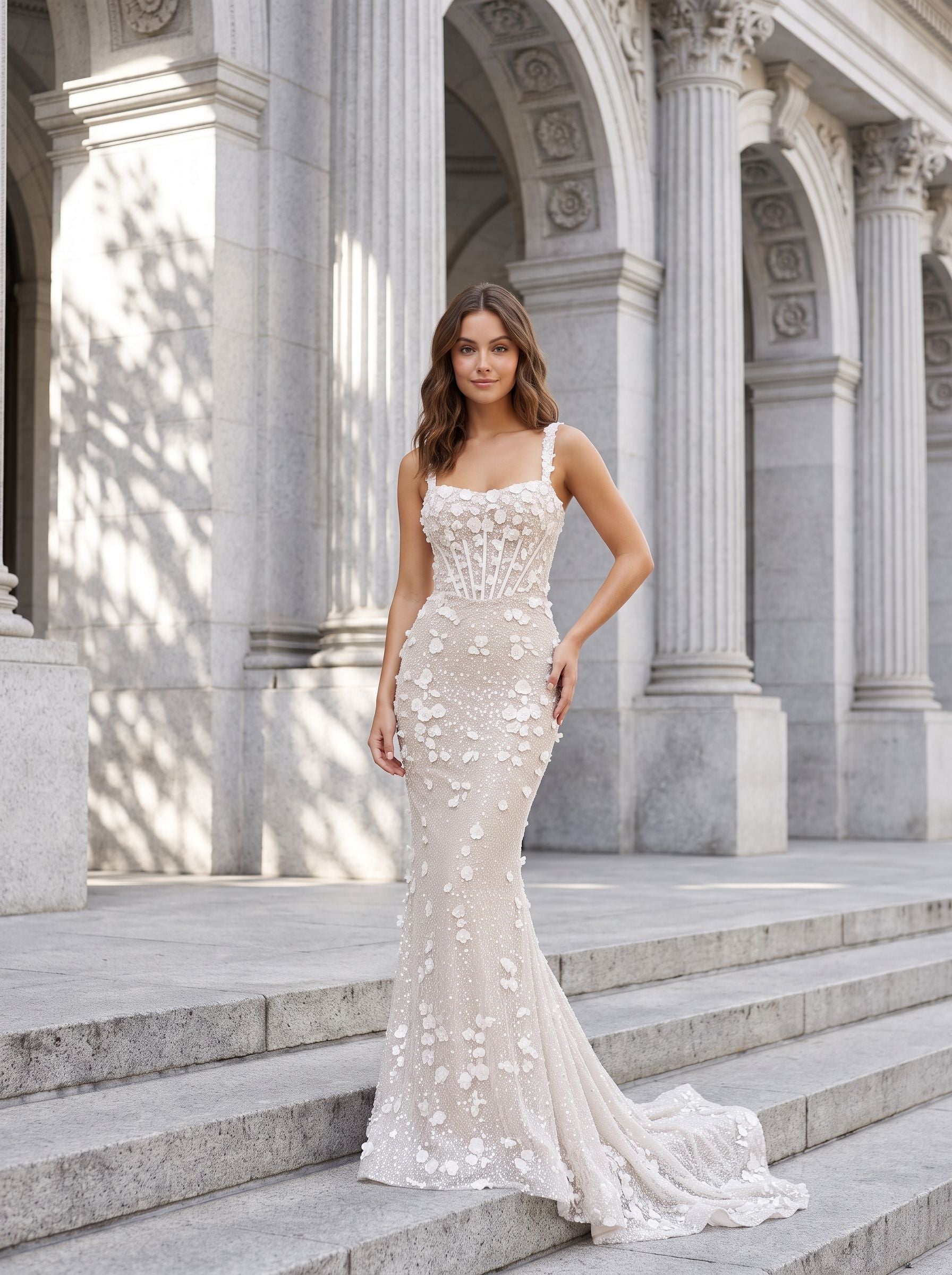 Ivory Tulle & Lace Mermaid Square Neck Back Zip Floor-Length Dress with 3D Floral Appliques