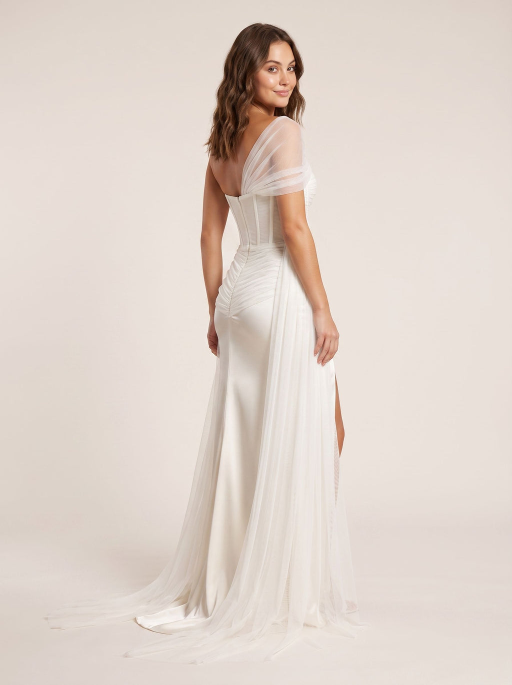 Ivory Tulle Mermaid Sweetheart Back Zip Floor-Length Dress with a High Slit