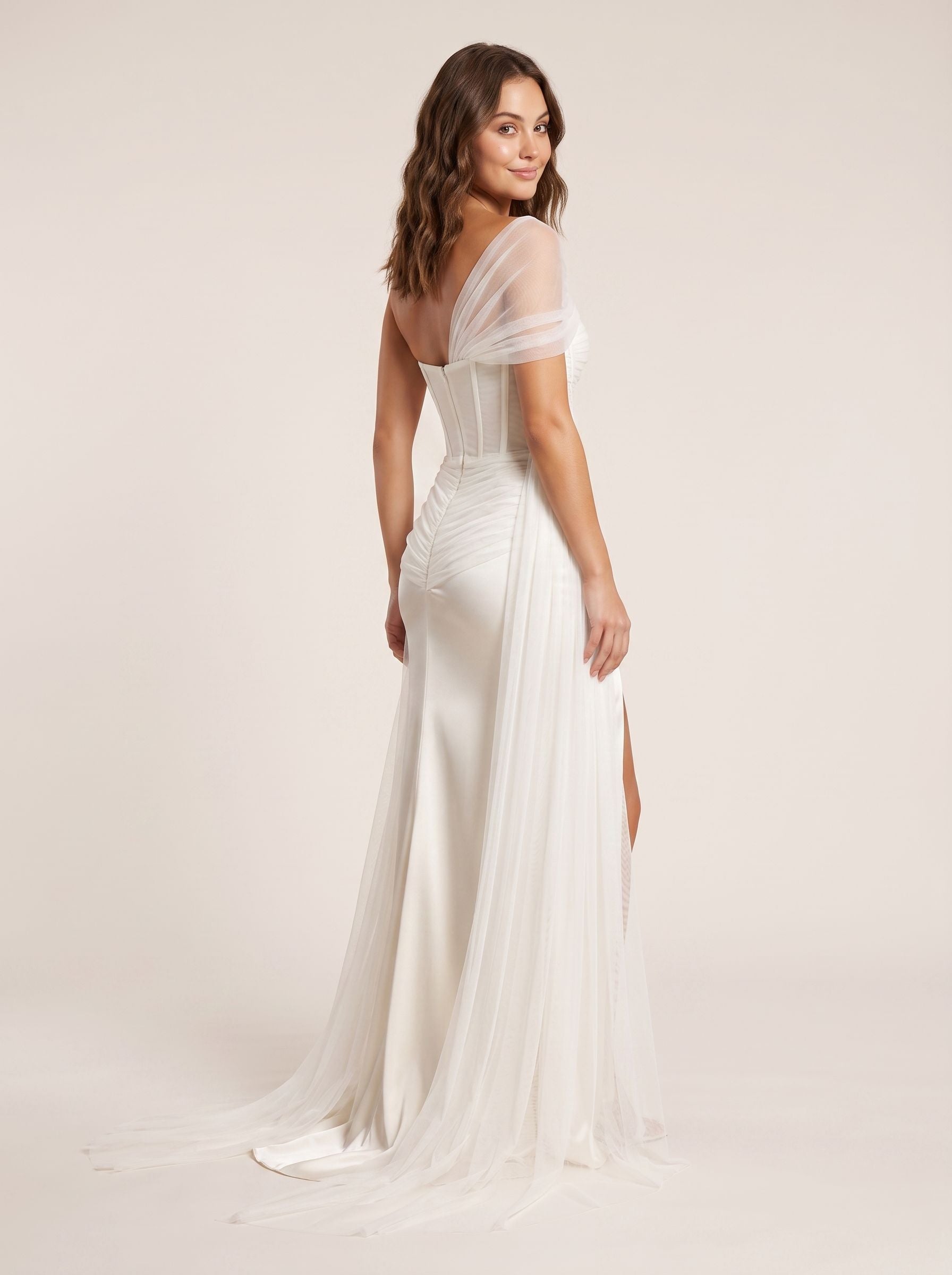 Ivory Tulle Mermaid Sweetheart Back Zip Floor-Length Dress with a High Slit