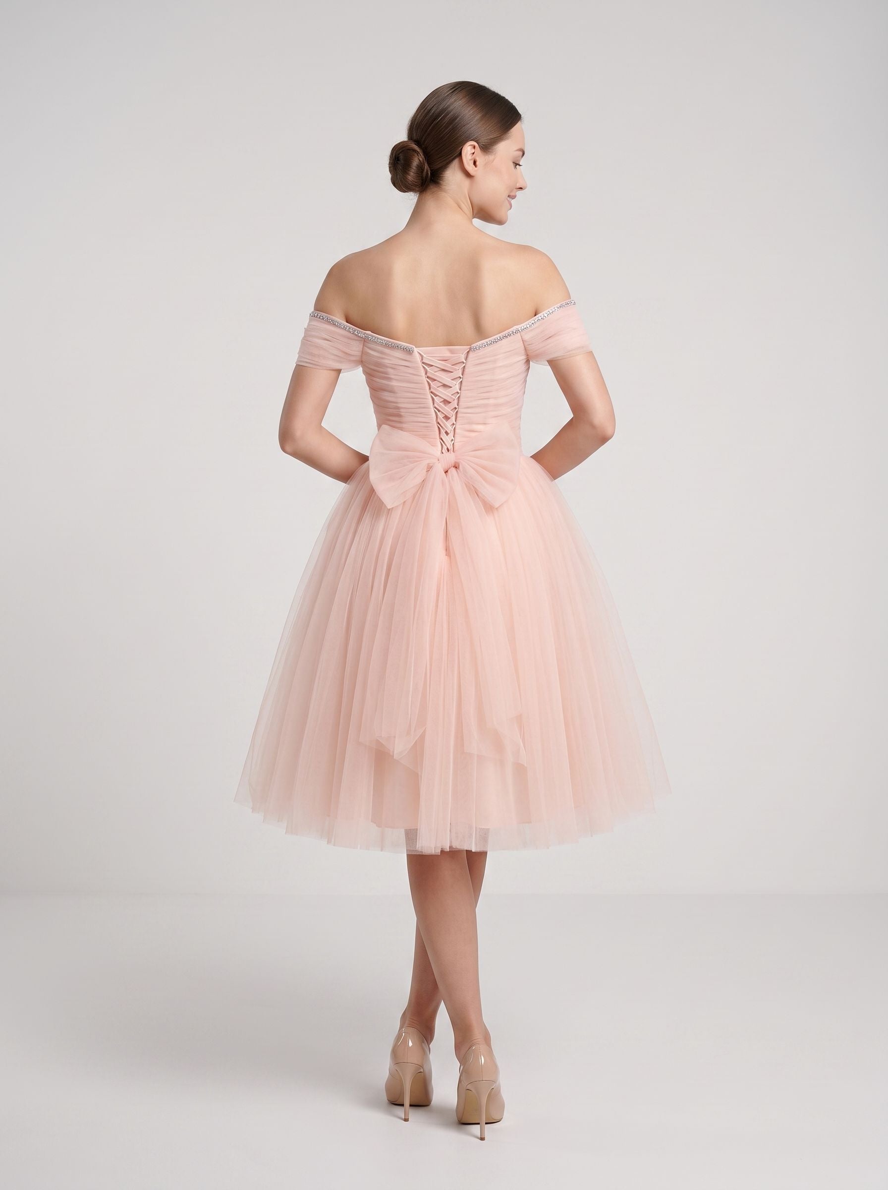 Blushing Pink Tulle A-Line Off-the-Shoulder Lace-up Short Dress with Ruched Bodice