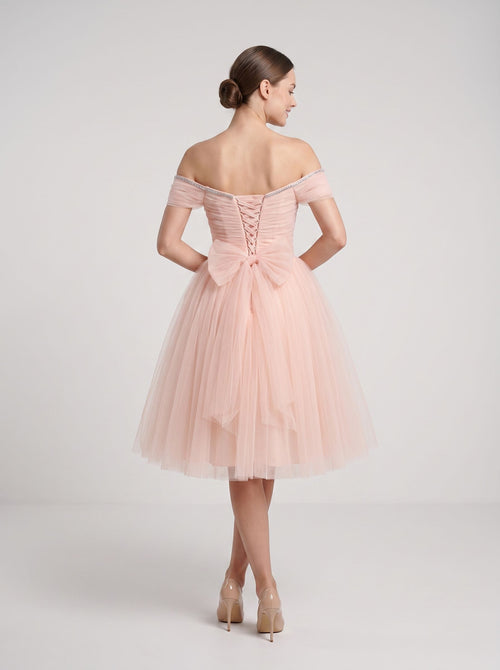 Blushing Pink Tulle A-Line Off-the-Shoulder Lace-up Short Dress with Ruched Bodice