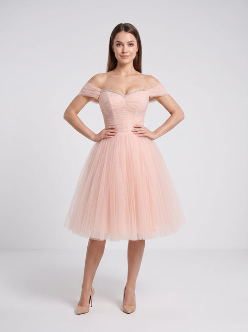 Blushing Pink Tulle A-Line Off-the-Shoulder Lace-up Short Dress with Ruched Bodice