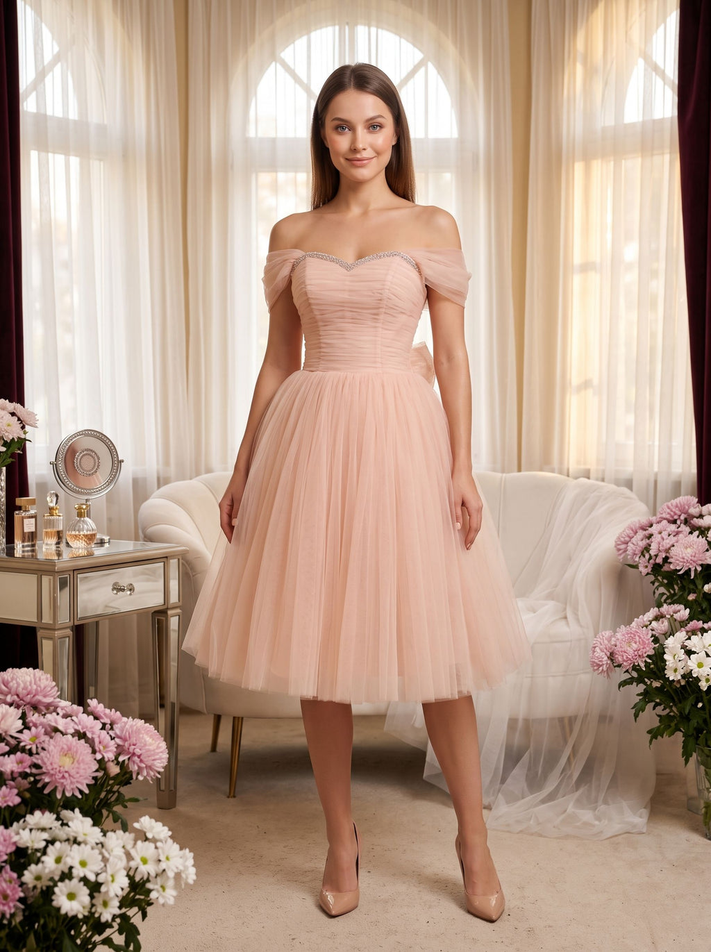 Blushing Pink Tulle A-Line Off-the-Shoulder Lace-up Short Dress with Ruched Bodice