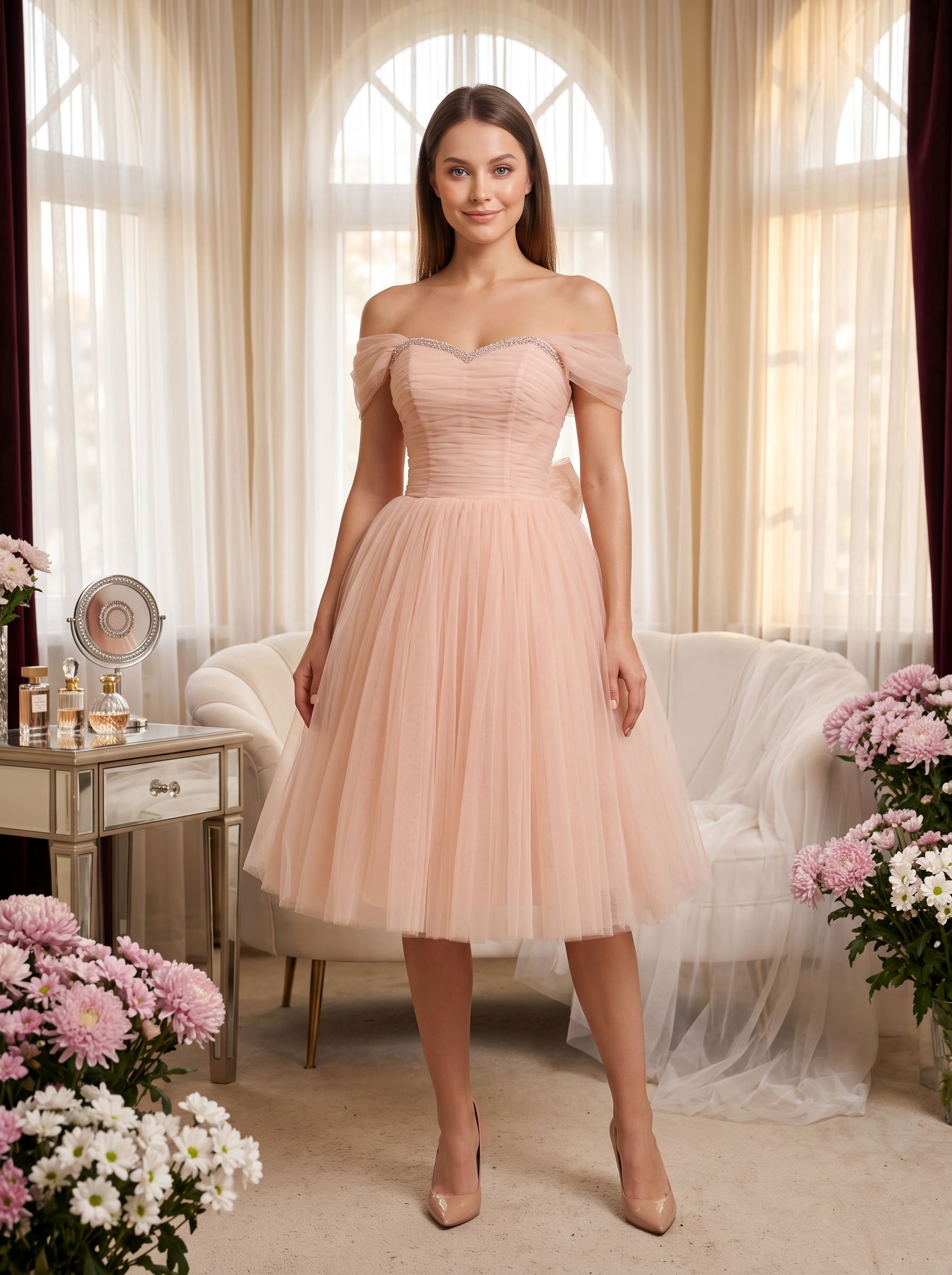 Blushing Pink Tulle A-Line Off-the-Shoulder Lace-up Short Dress with Ruched Bodice