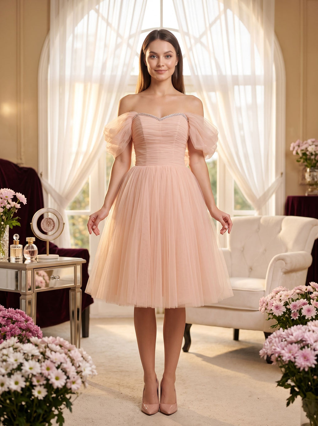 Blushing Pink Tulle A-Line Off-the-Shoulder Lace-up Short Dress with Ruched Bodice