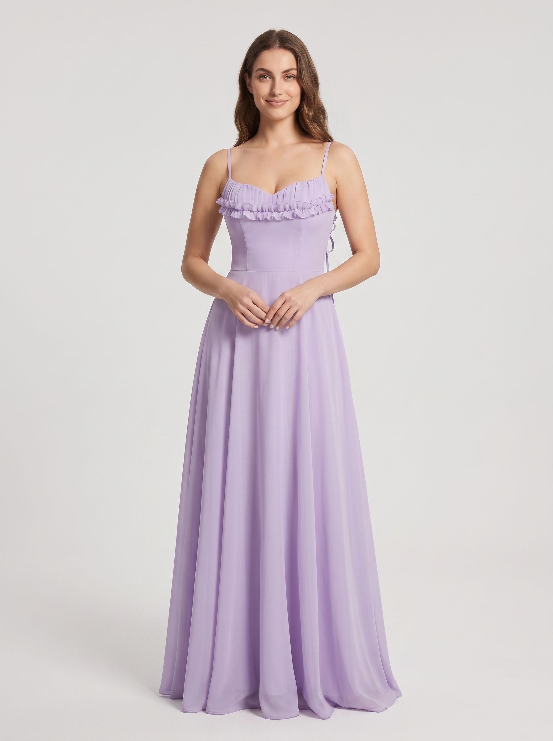 Wisteria Chiffon A-Line V-Neck Lace-up Floor-Length Dress with Pleated Bodice