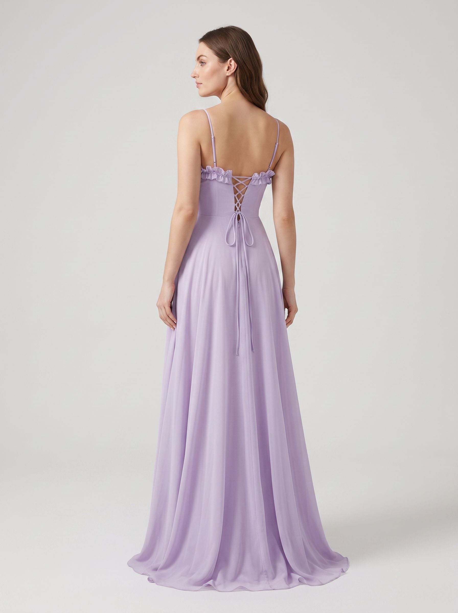 Wisteria Chiffon A-Line V-Neck Lace-up Floor-Length Dress with Pleated Bodice