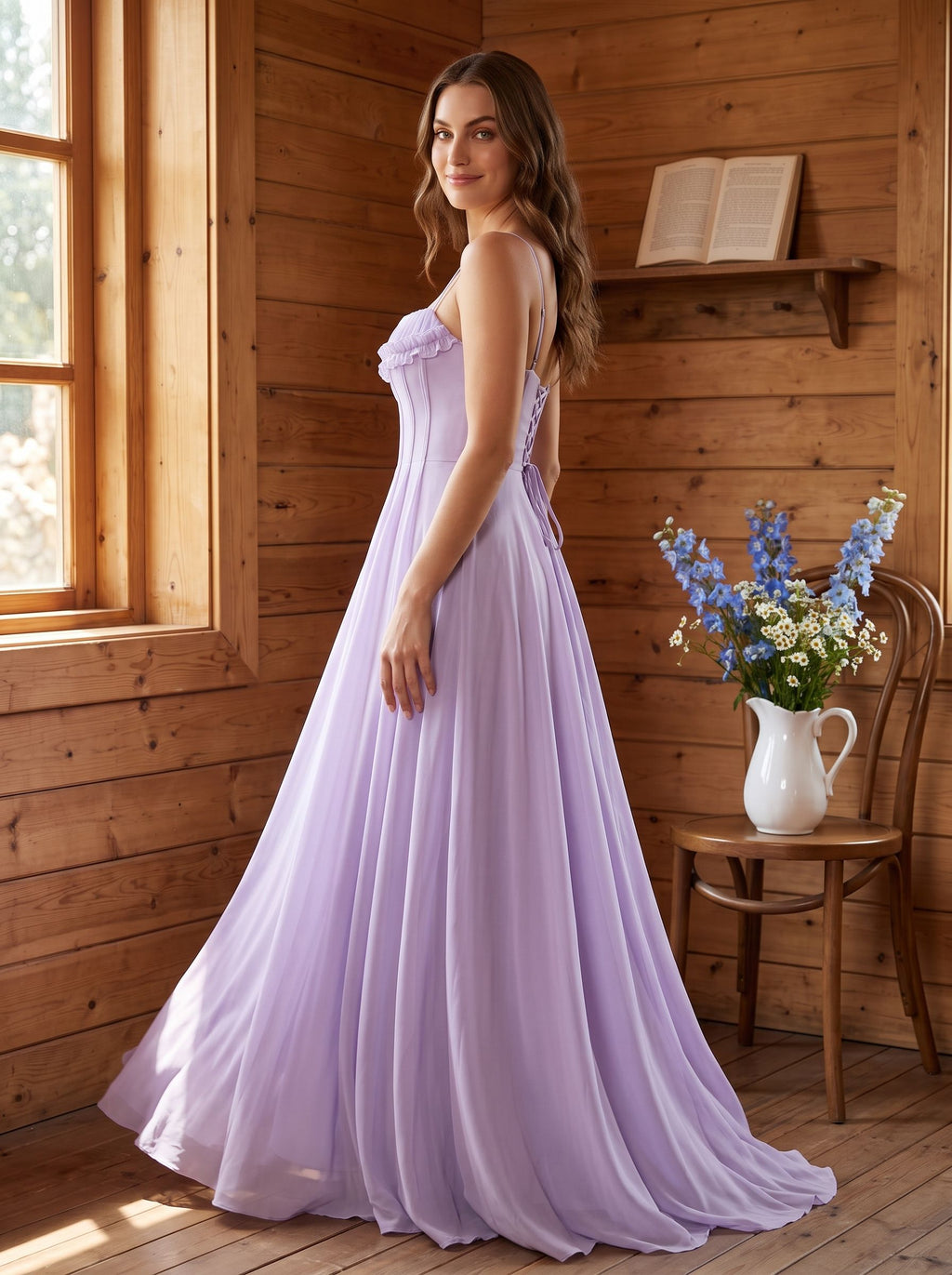 Wisteria Chiffon A-Line V-Neck Lace-up Floor-Length Dress with Pleated Bodice