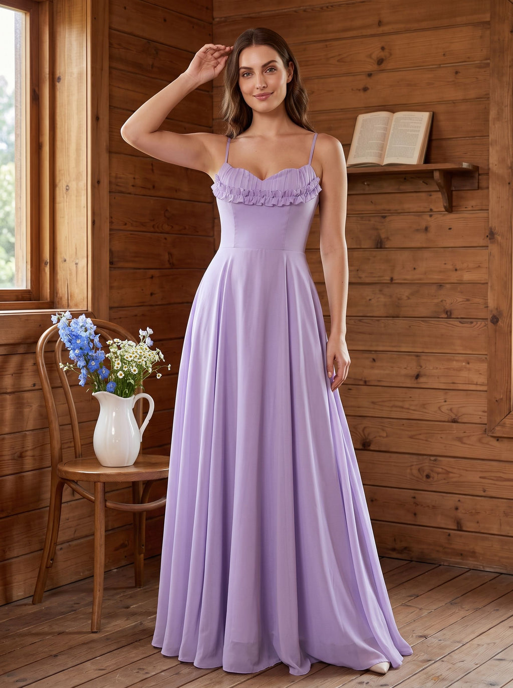 Wisteria Chiffon A-Line V-Neck Lace-up Floor-Length Dress with Pleated Bodice