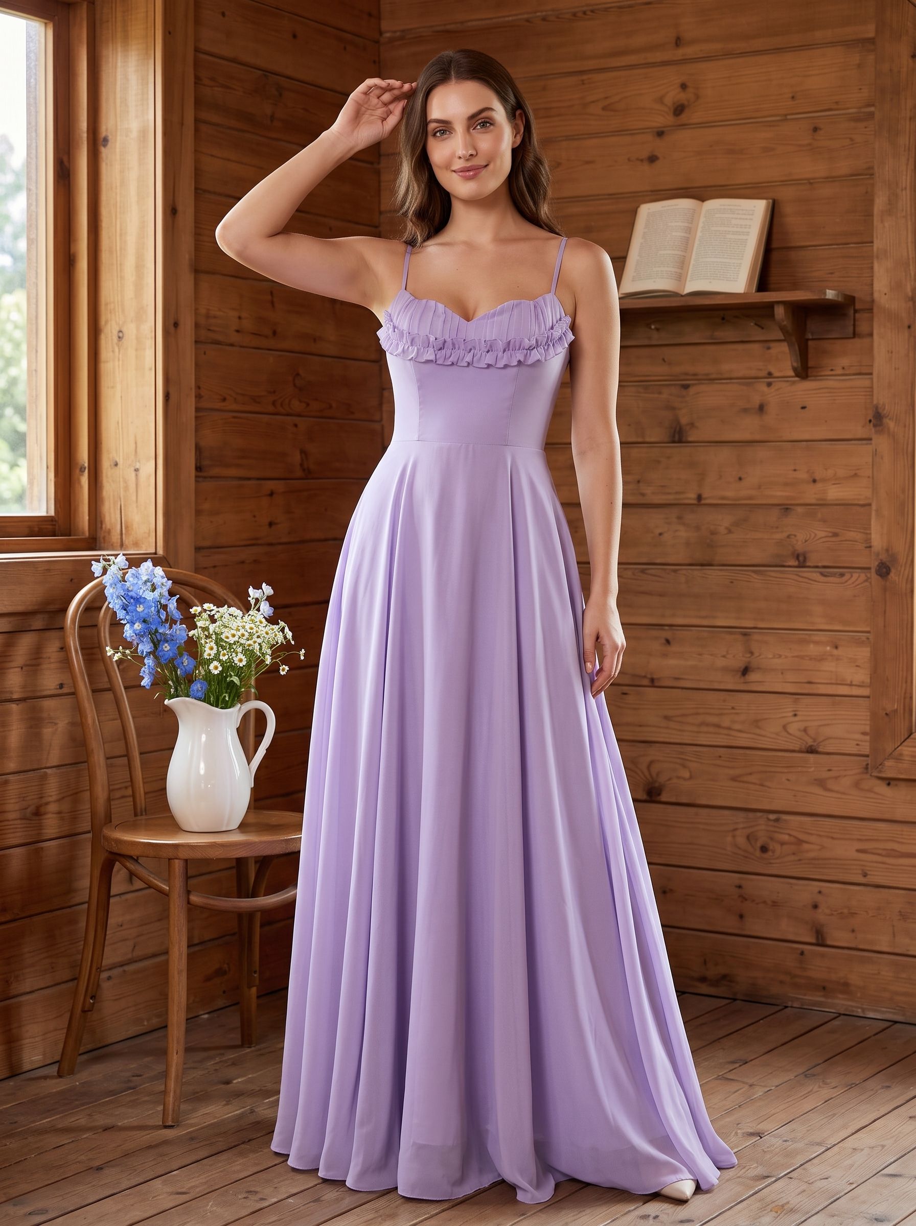 Wisteria Chiffon A-Line V-Neck Lace-up Floor-Length Dress with Pleated Bodice