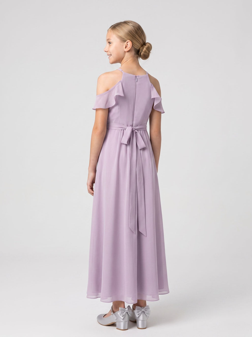Lavender Chiffon A-Line Off-the-Shoulder Back Zip Ankle-Length Dress with Pleats