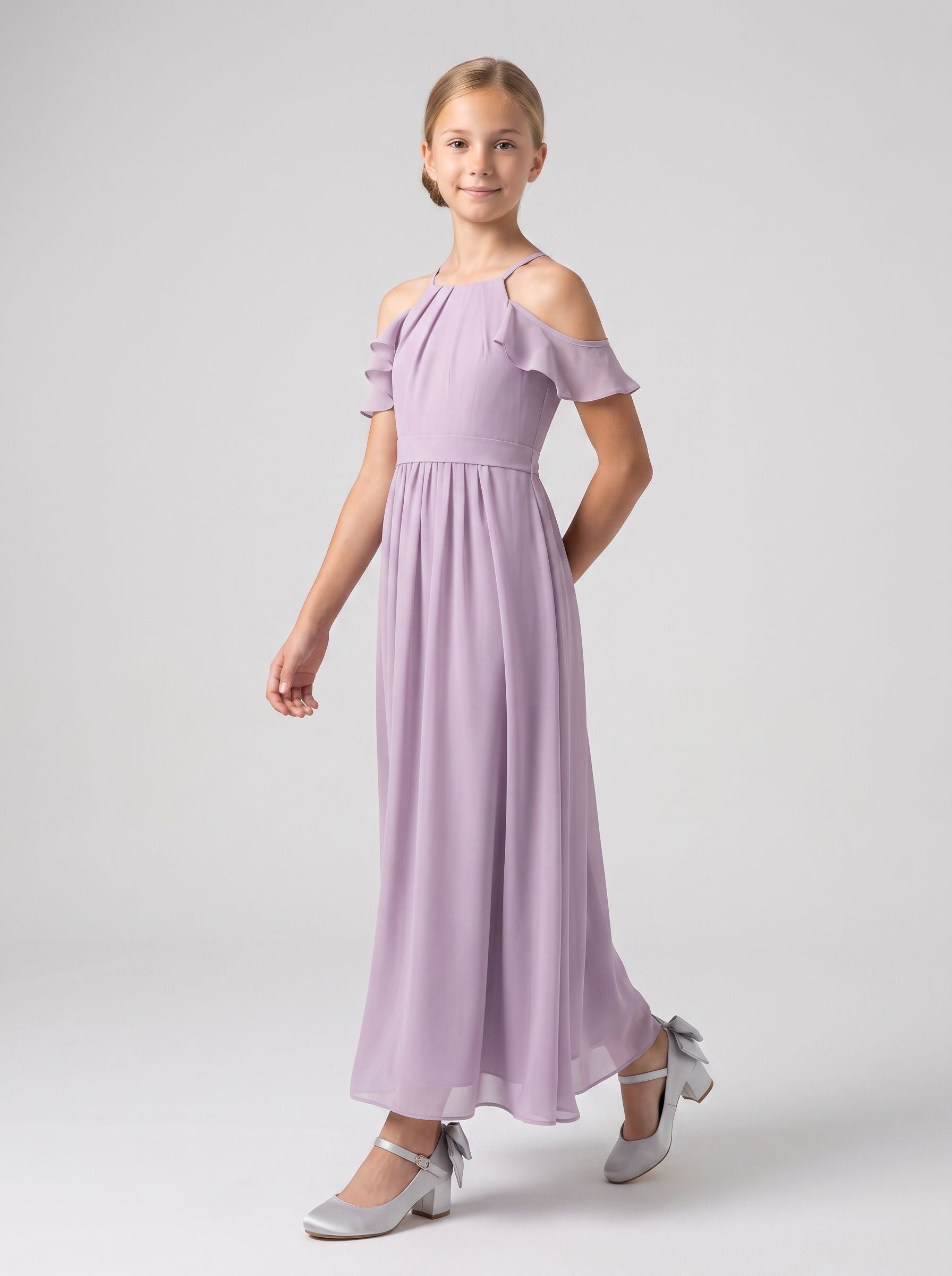 Lavender Chiffon A-Line Off-the-Shoulder Back Zip Ankle-Length Dress with Pleats