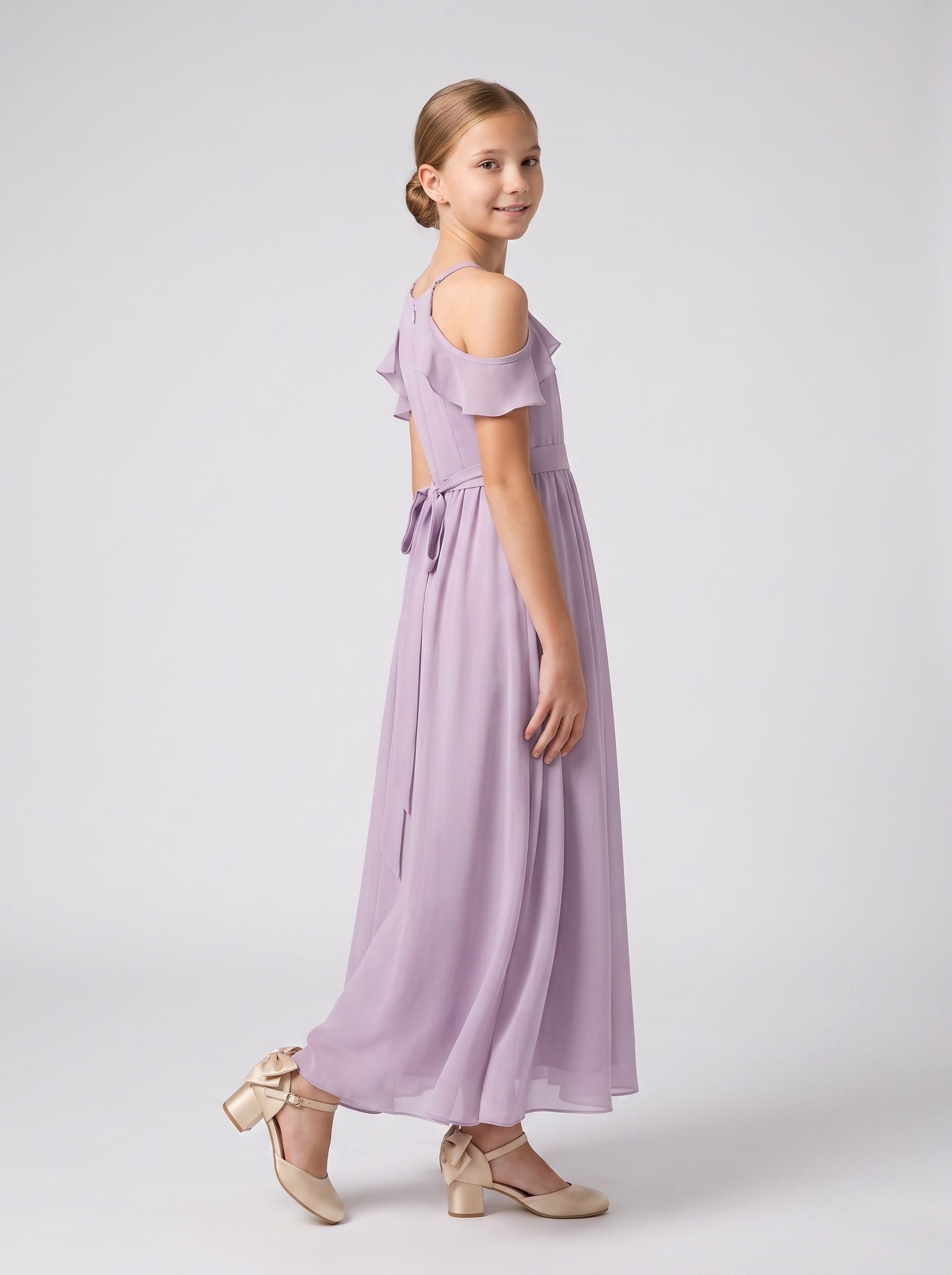 Lavender Chiffon A-Line Off-the-Shoulder Back Zip Ankle-Length Dress with Pleats