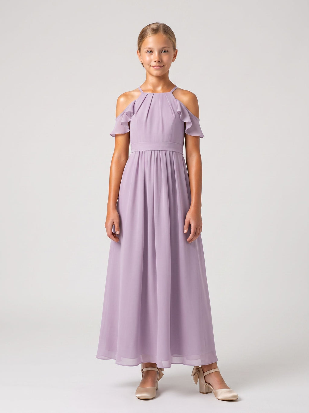 Lavender Chiffon A-Line Off-the-Shoulder Back Zip Ankle-Length Dress with Pleats