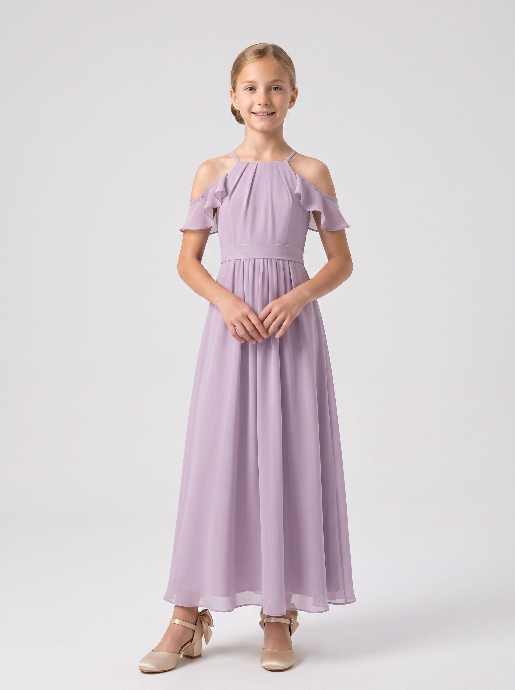 Lavender Chiffon A-Line Off-the-Shoulder Back Zip Ankle-Length Dress with Pleats