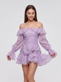 Lavender Chiffon A-Line Off-the-Shoulder Backless Short Dress with Ruffled Sleeves