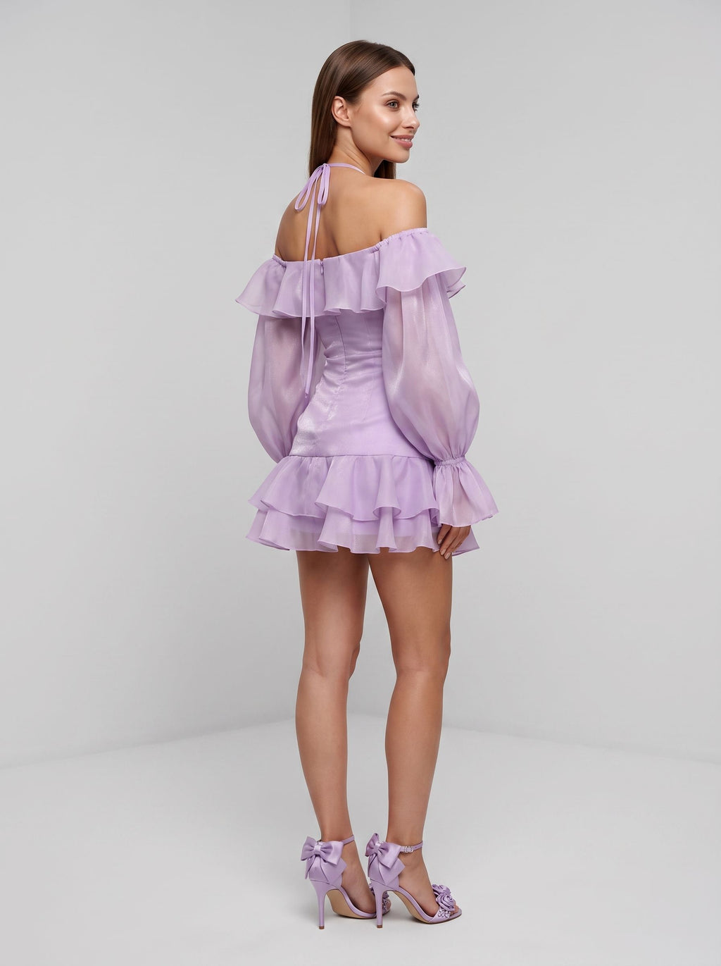 Lavender Chiffon A-Line Off-the-Shoulder Backless Short Dress with Ruffled Sleeves