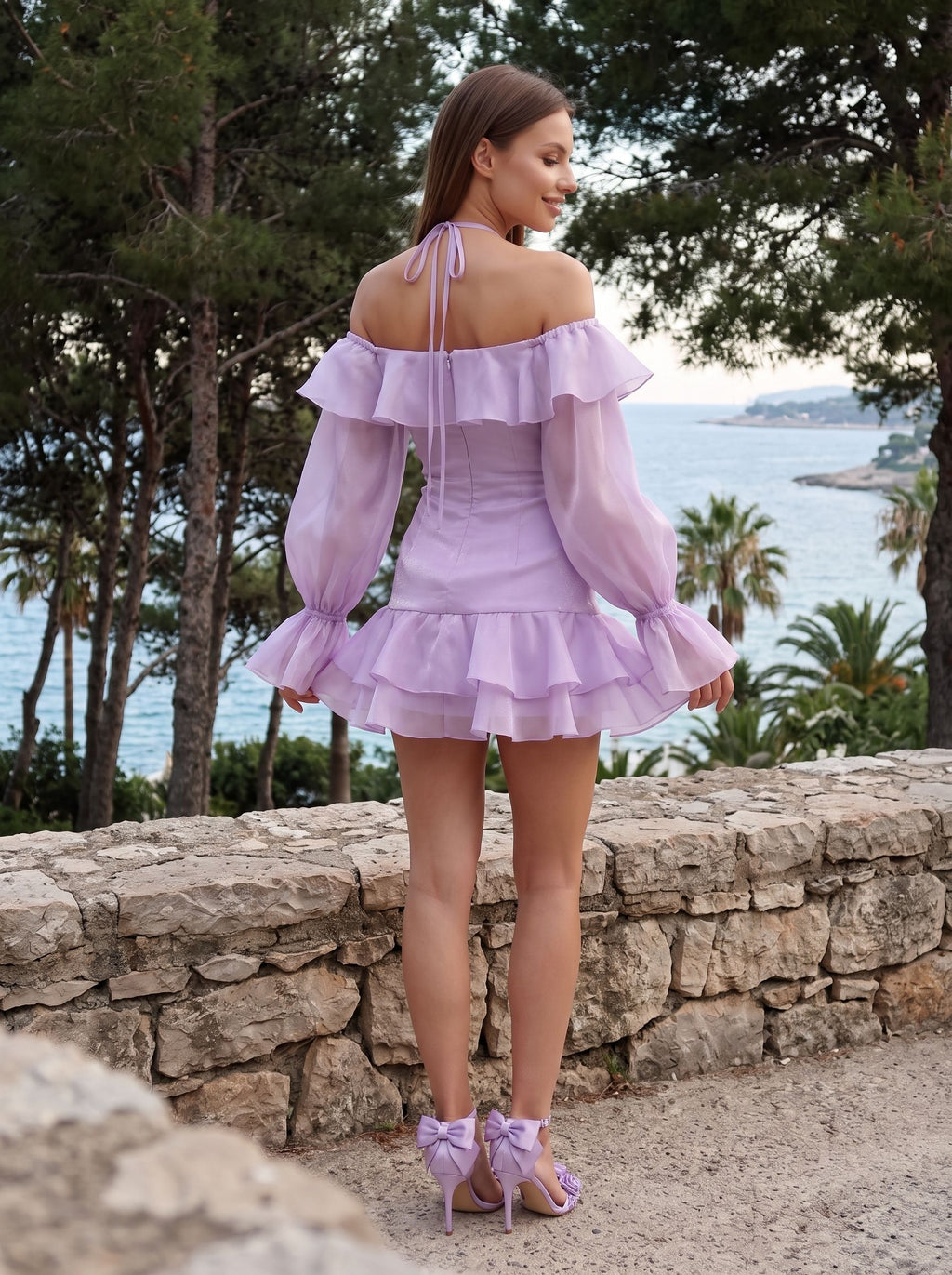 Lavender Chiffon A-Line Off-the-Shoulder Backless Short Dress with Ruffled Sleeves