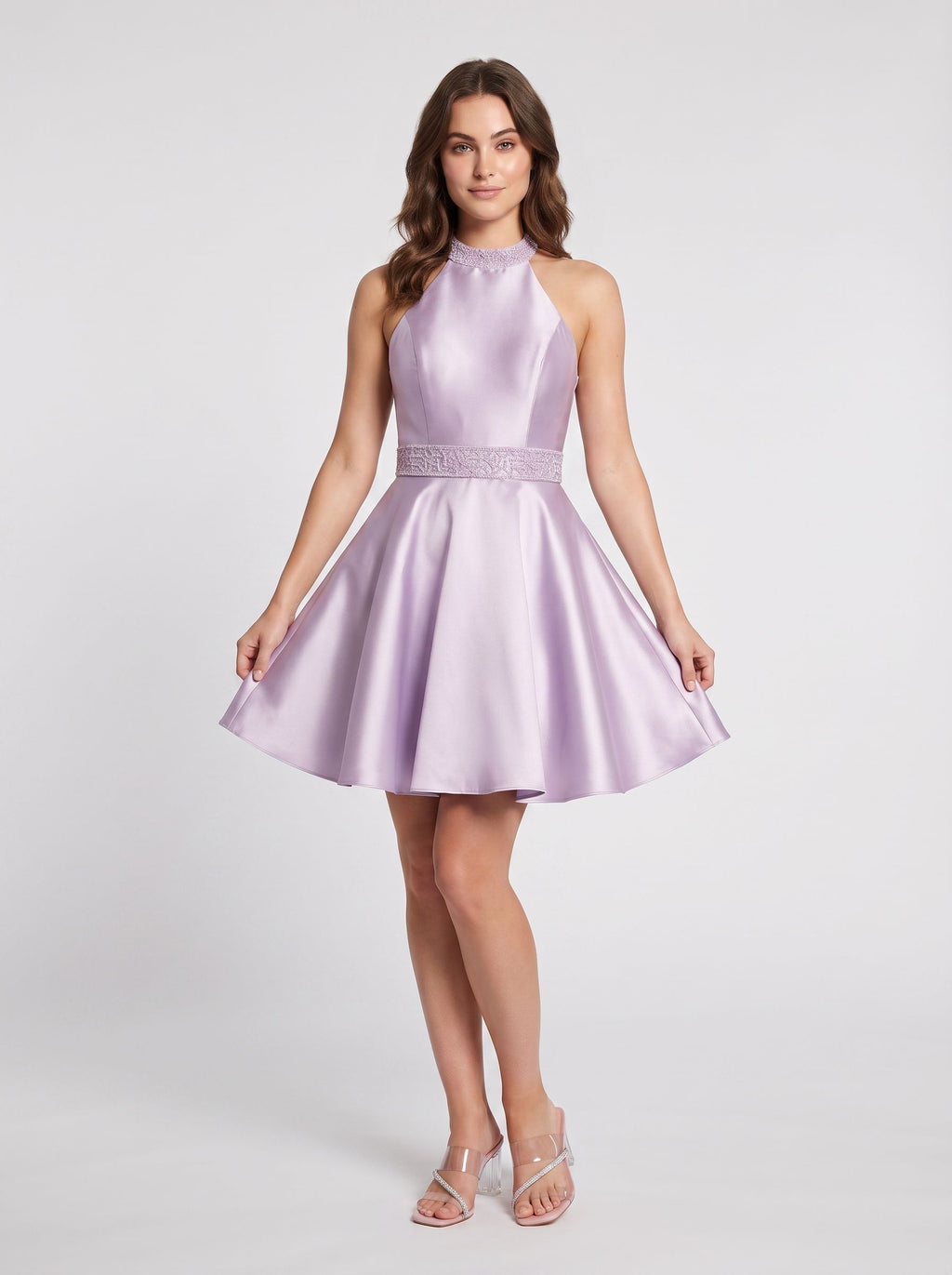 Lavender Satin A-Line Halter neckline Backless Short Dress with Beaded Bodice