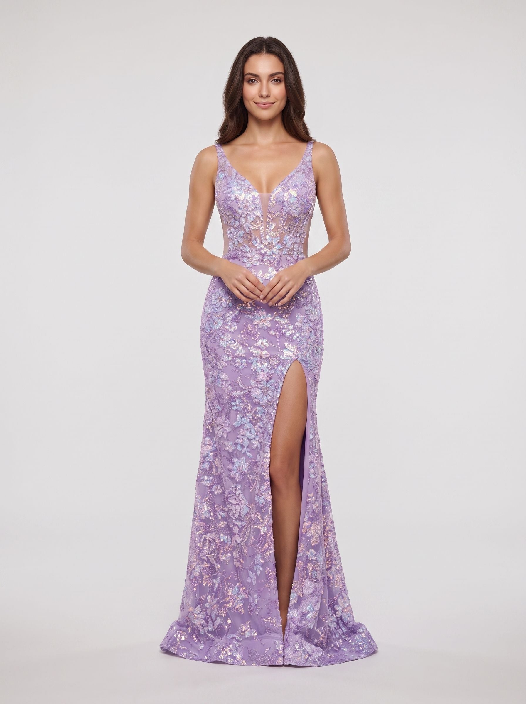 Lavender Sequins Mermaid V-Neck Back Zip Floor-Length Dress with Sheer Sides and Slit