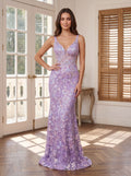 Lavender Sequins Mermaid V-Neck Back Zip Floor-Length Dress with Sheer Sides and Slit