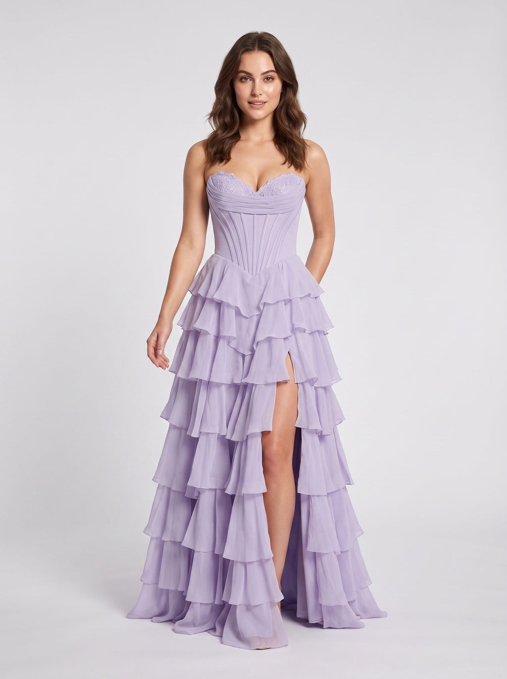 Lavender Tulle A-Line Sweetheart Corset Back Floor-Length Dress with Cascading Ruffles