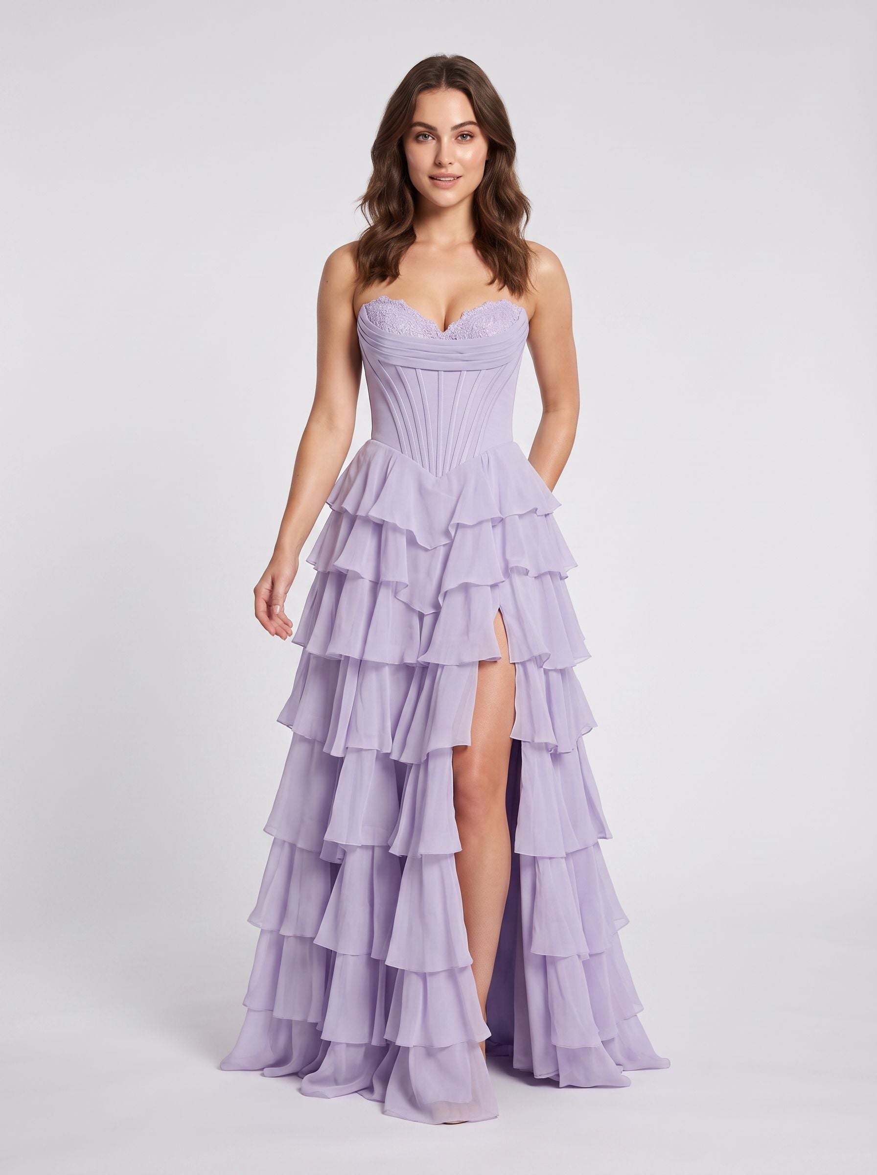 Lavender Tulle A-Line Sweetheart Corset Back Floor-Length Dress with Cascading Ruffles