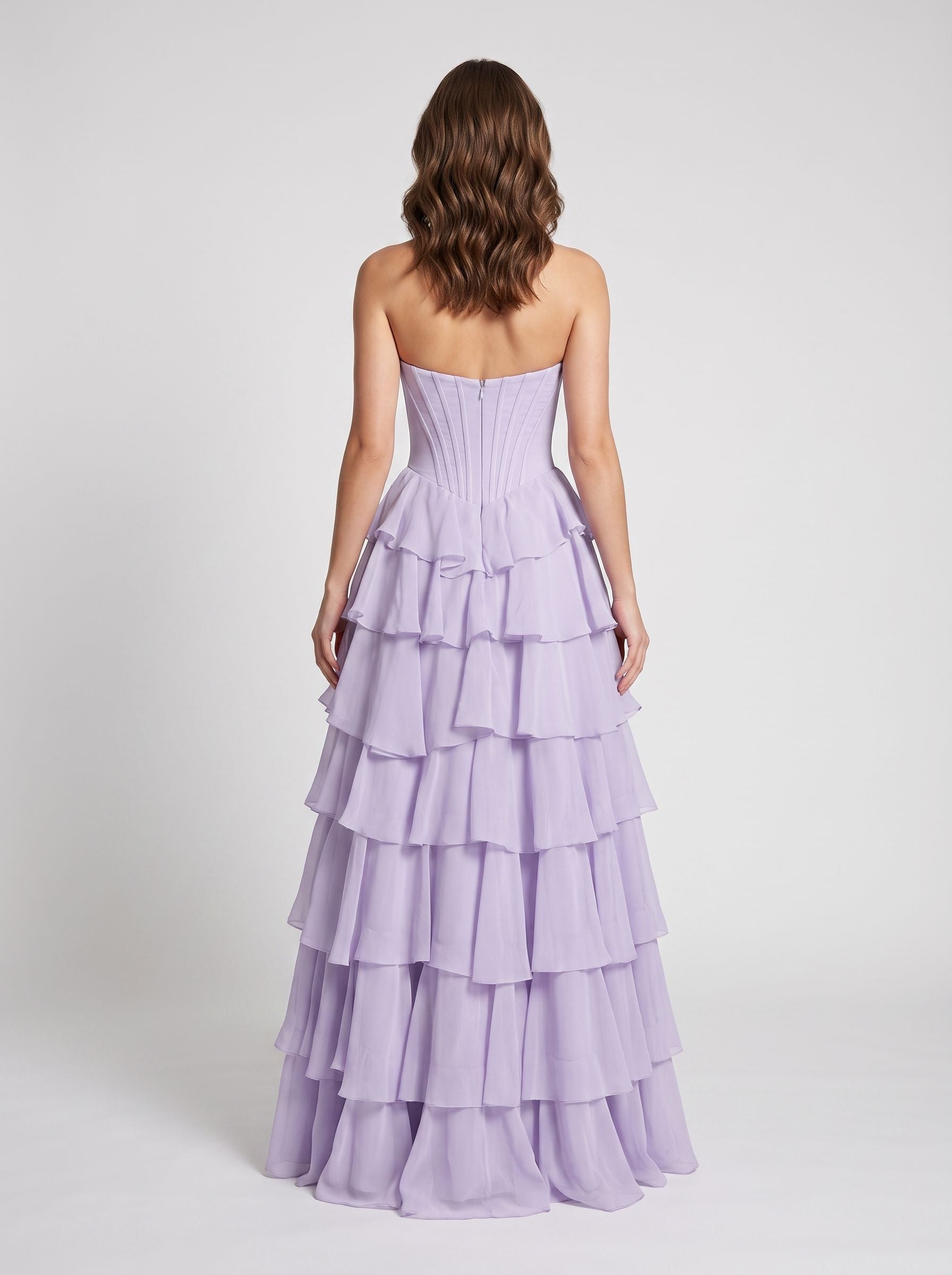 Lavender Tulle A-Line Sweetheart Corset Back Floor-Length Dress with Cascading Ruffles